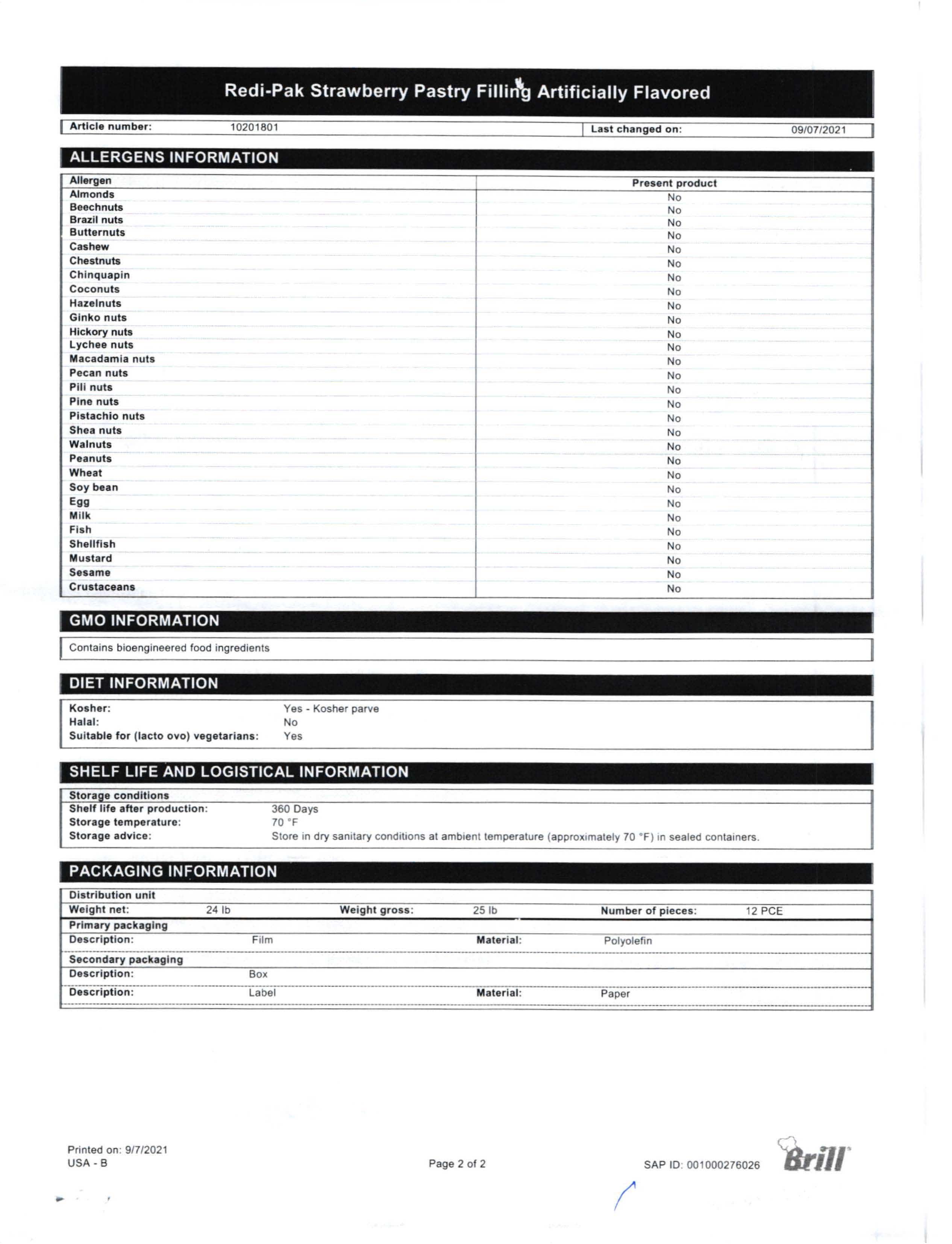 Strawberry Redi-Pak Filling Nutritional Info Page 2 by Henry & Henry at Stover & Company