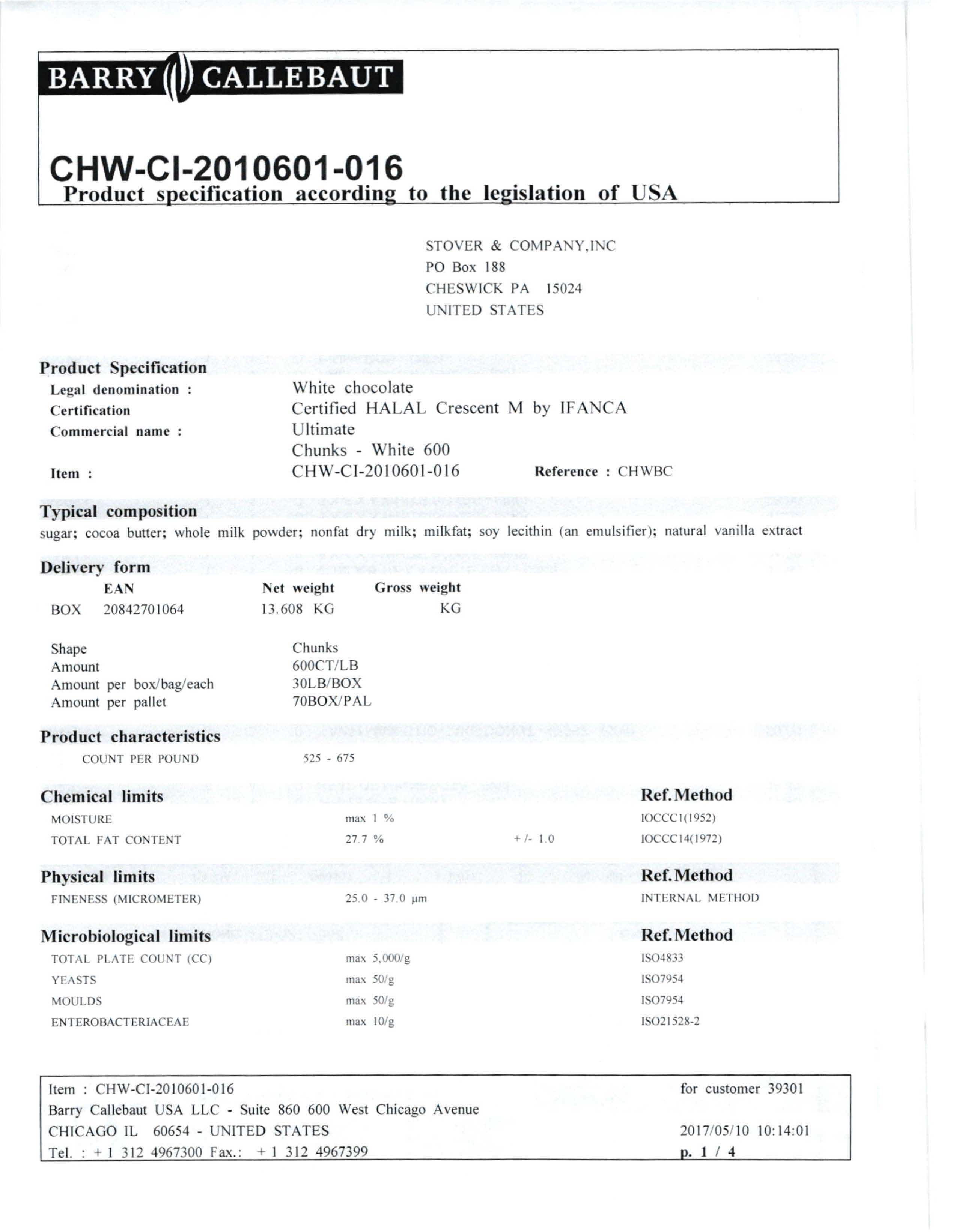 White Chocolate Chunks Nutritional Info Page 1 by Barry Callebaut at Stover & Company