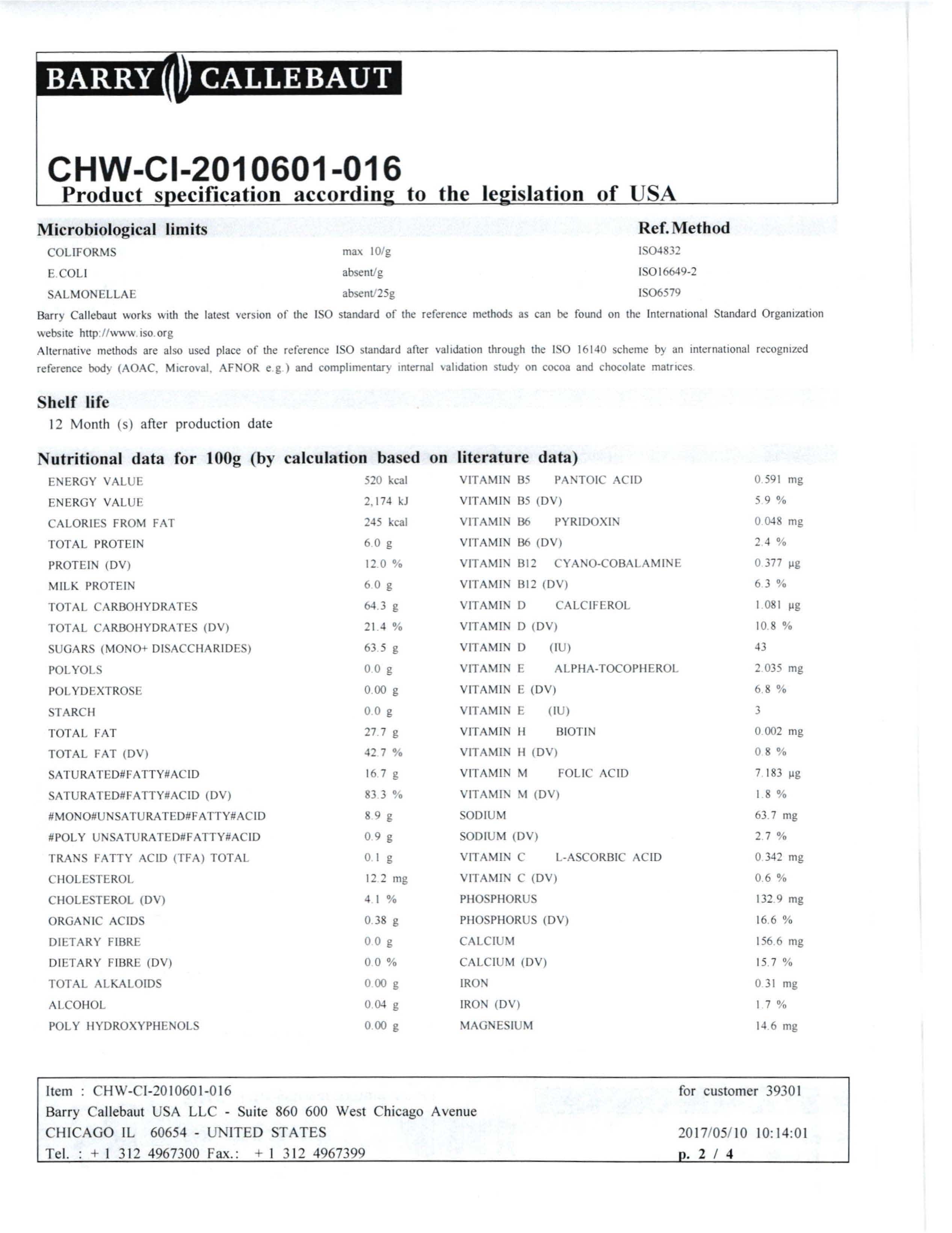 White Chocolate Chunks Nutritional Info Page 2 by Barry Callebaut at Stover & Company