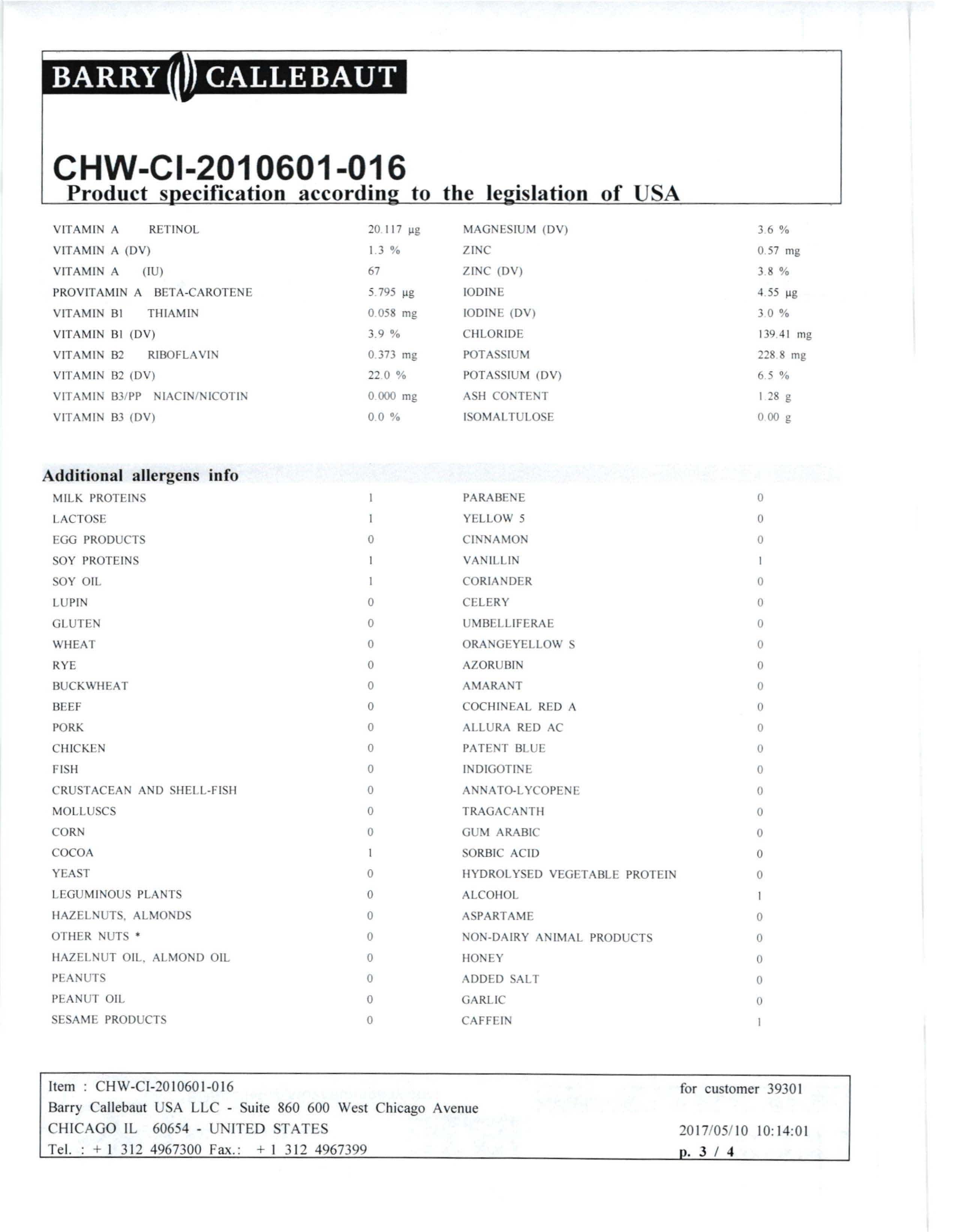 White Chocolate Chunks Nutritional Info Page 3 by Barry Callebaut at Stover & Company