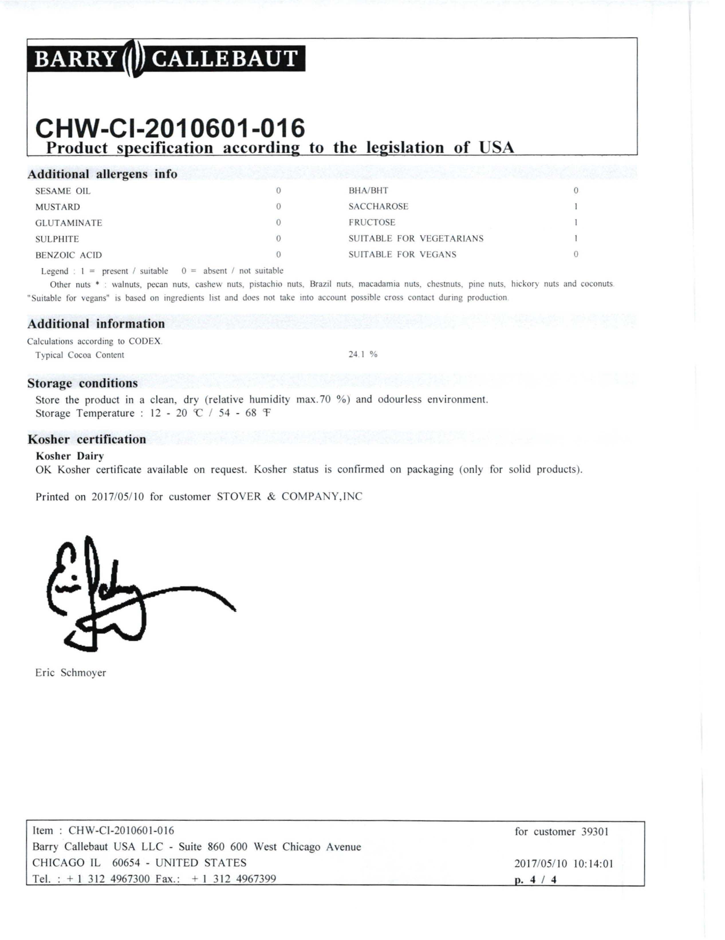 White Chocolate Chunks Nutritional Info Page 4 by Barry Callebaut at Stover & Company