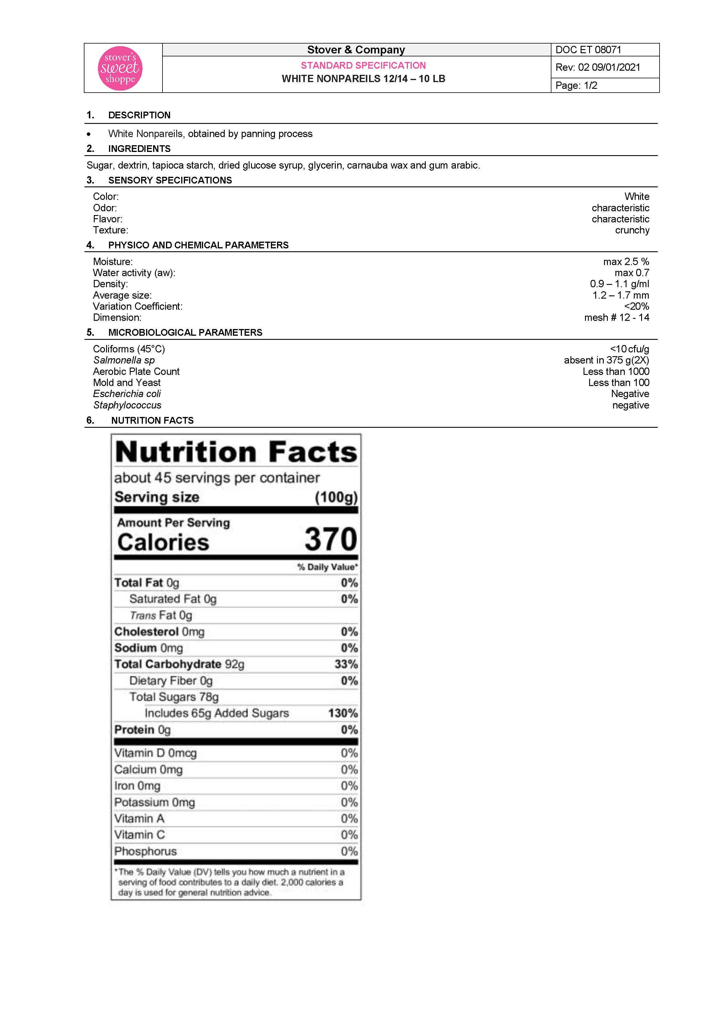 White Nonpareils Nutritional Info Page 1 by Stover's Sweet Shoppe at Stover & Company