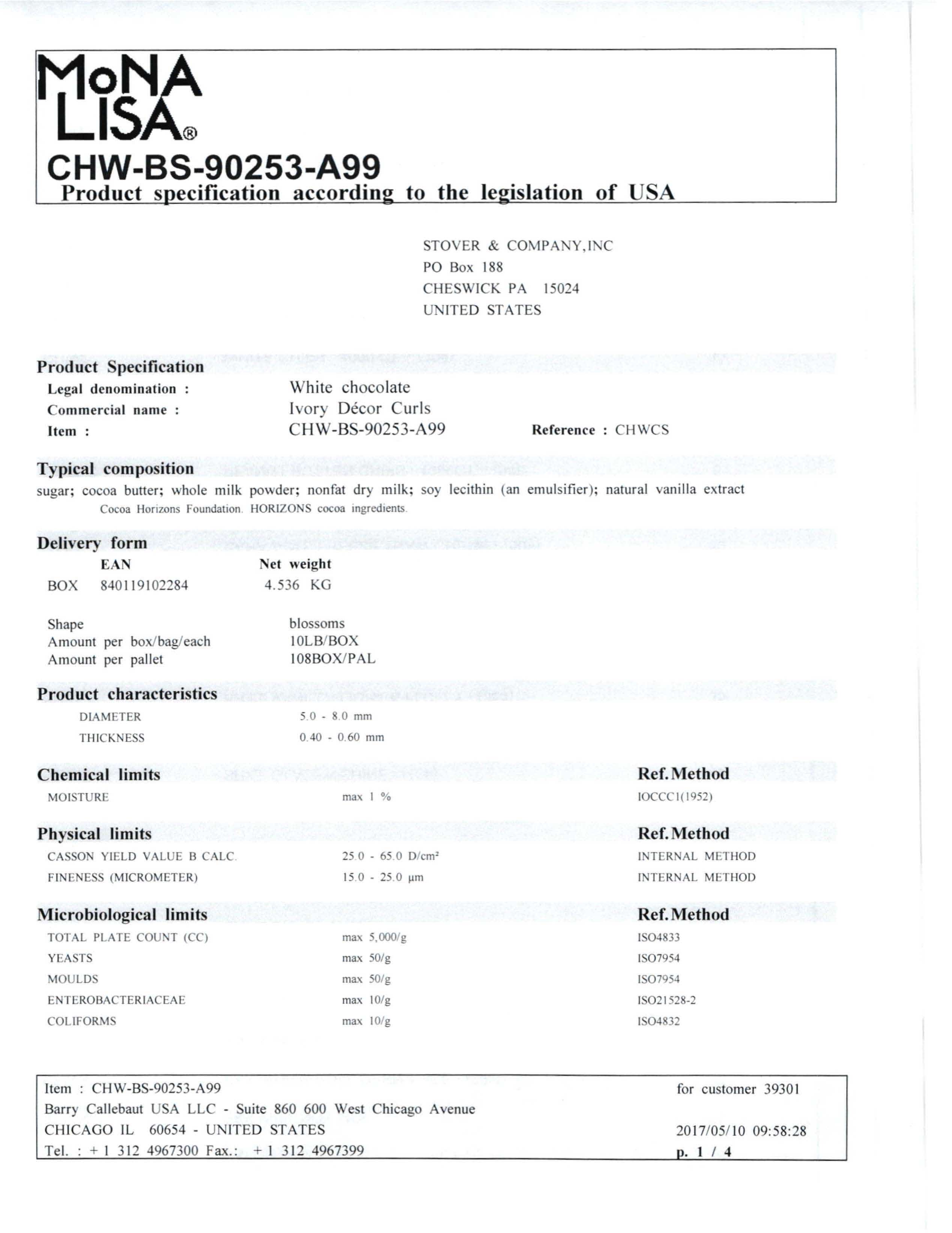 White Chocolate Shavings Nutritional Info Page 1 by Barry Callebaut at Stover & Company