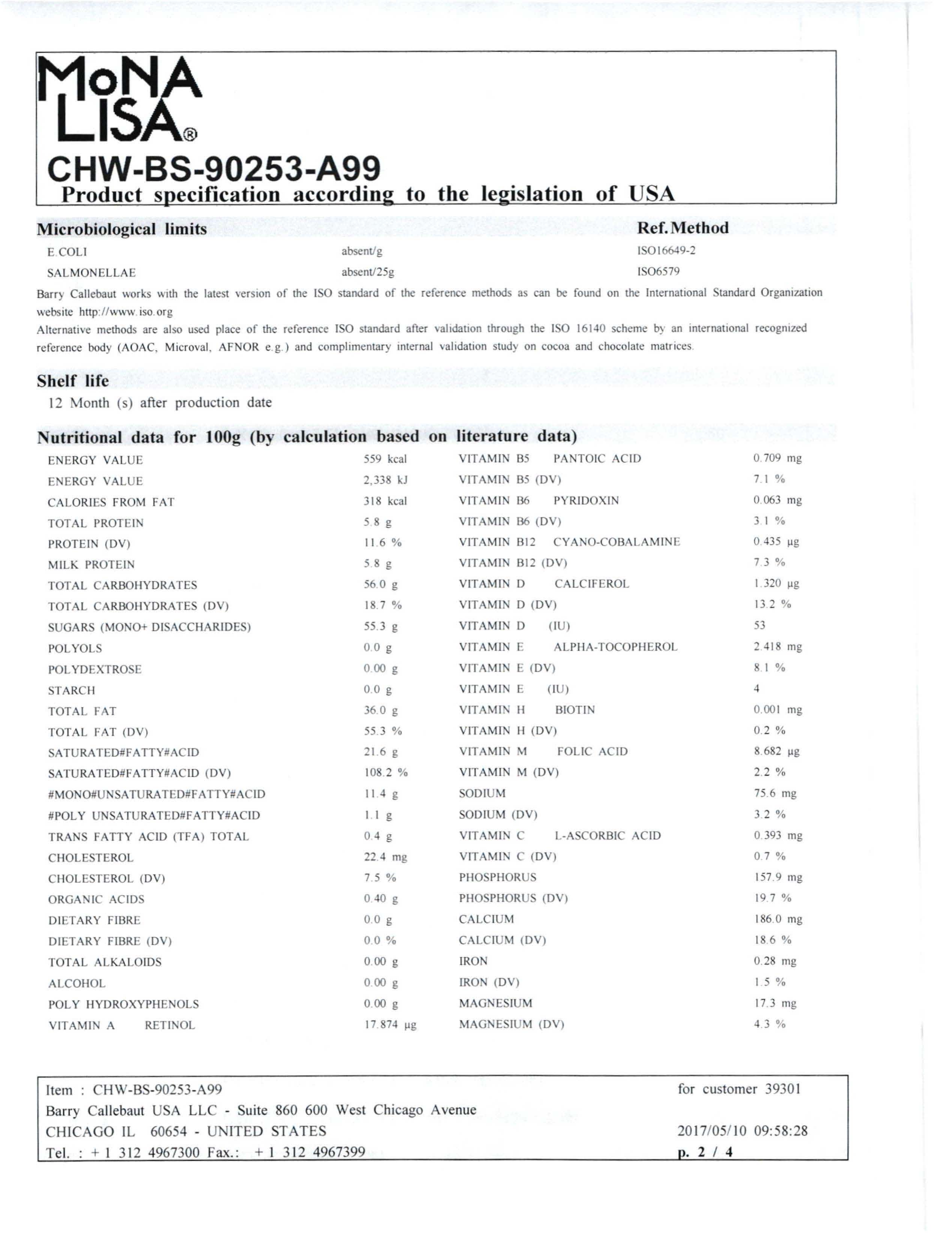 White Chocolate Shavings Nutritional Info Page 2 by Barry Callebaut at Stover & Company