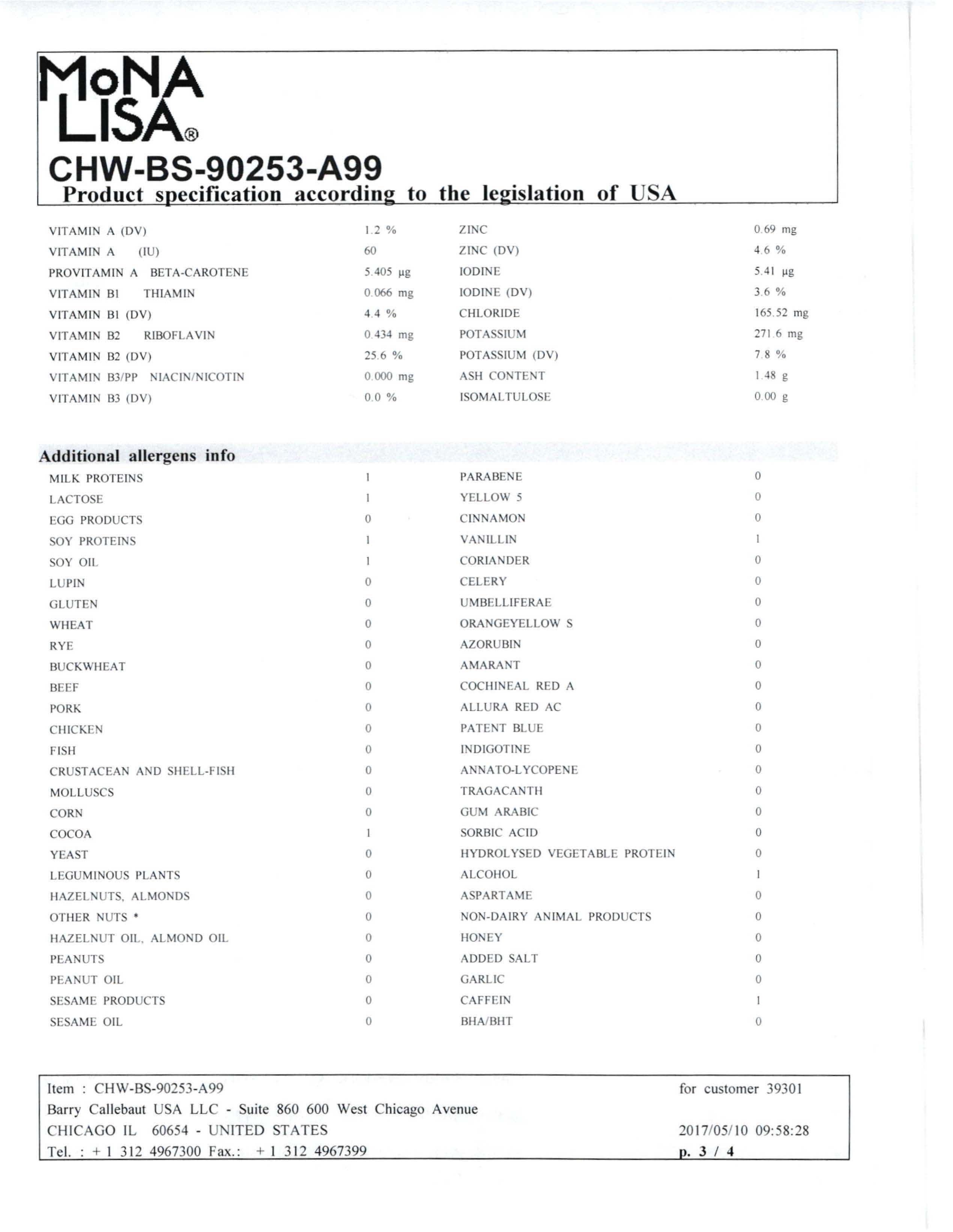 White Chocolate Shavings Nutritional Info Page 3 by Barry Callebaut at Stover & Company