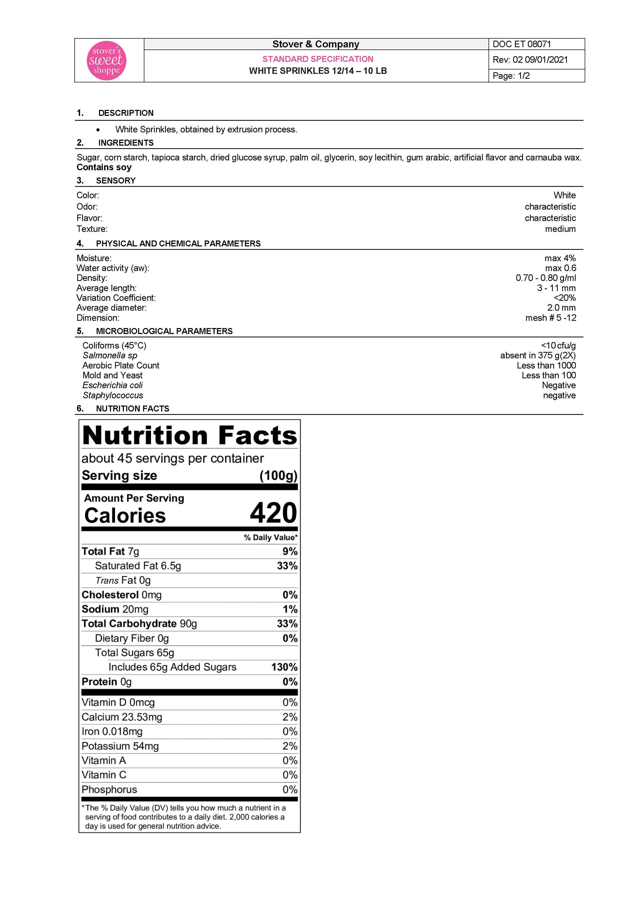 White Sprinkles Nutritional Info Page 1 by Stover's Sweet Shoppe at Stover & Company