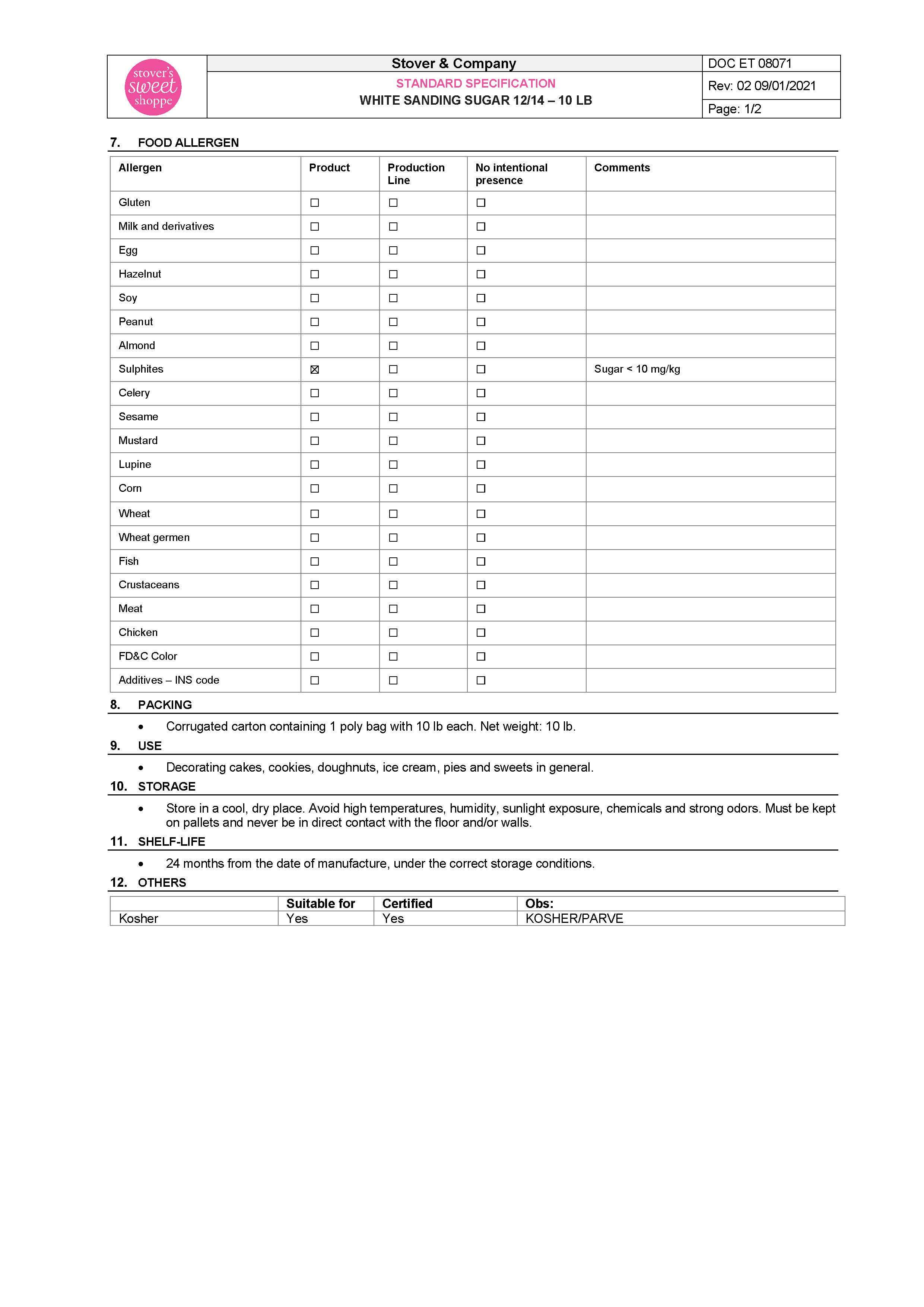 White Sanding Sugar Nutritional Info Page 2 by Stover's Sweet Shoppe at Stover & Company