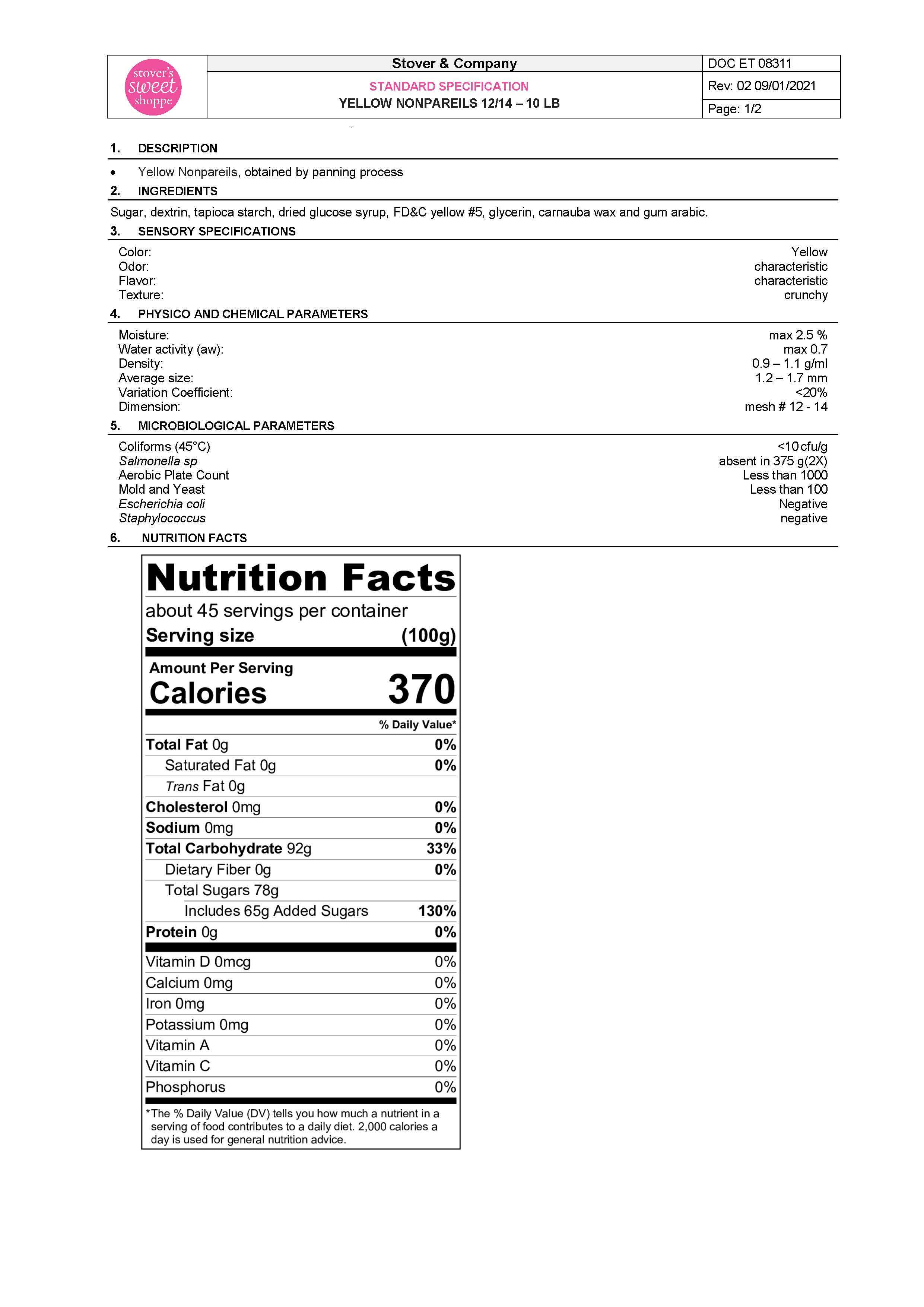 Yellow Nonpareils Nutritional Info Page 1 by Stover's Sweet Shoppe at Stover & Company