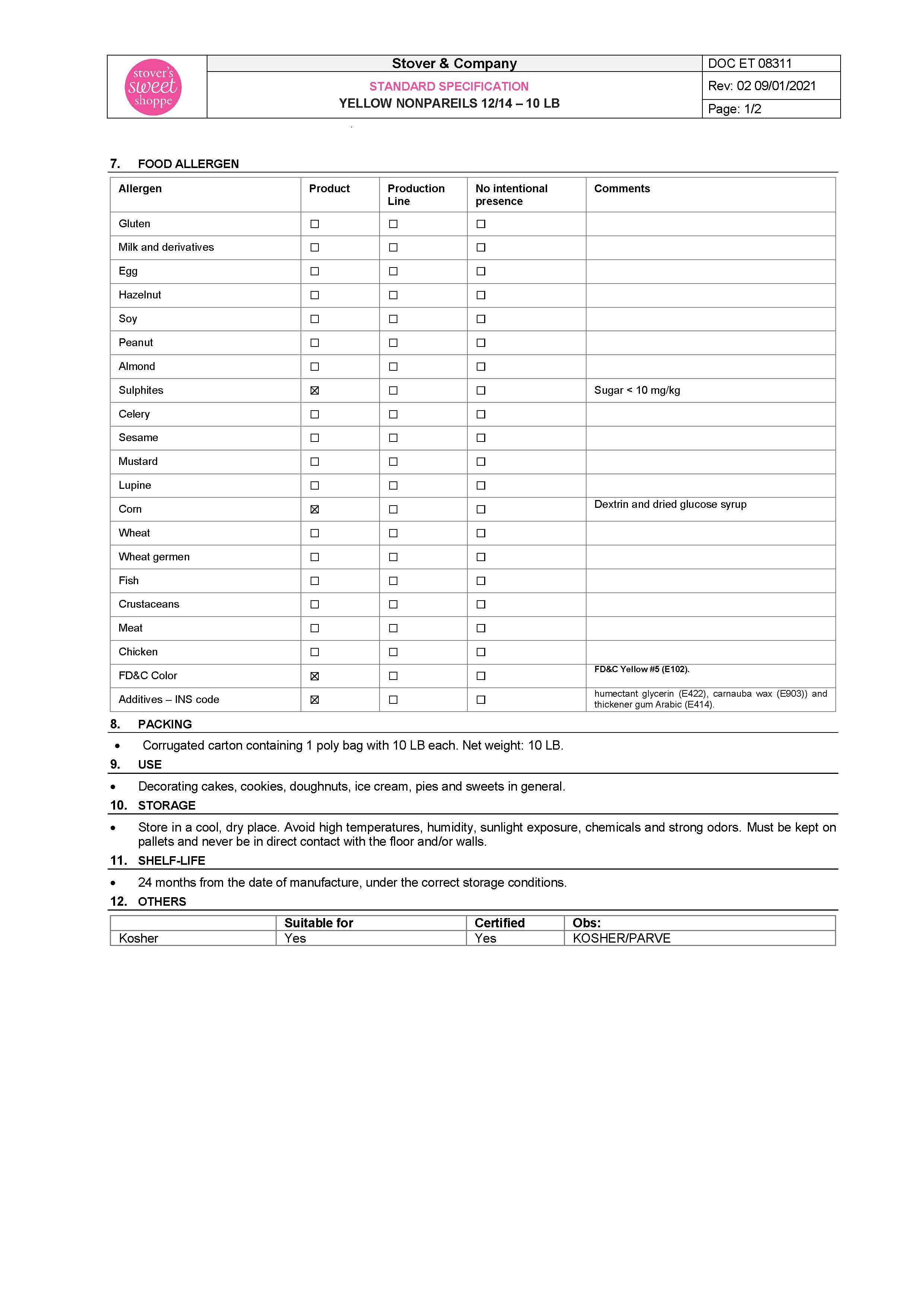 Yellow Nonpareils Nutritional Info Page 2 by Stover's Sweet Shoppe at Stover & Company 