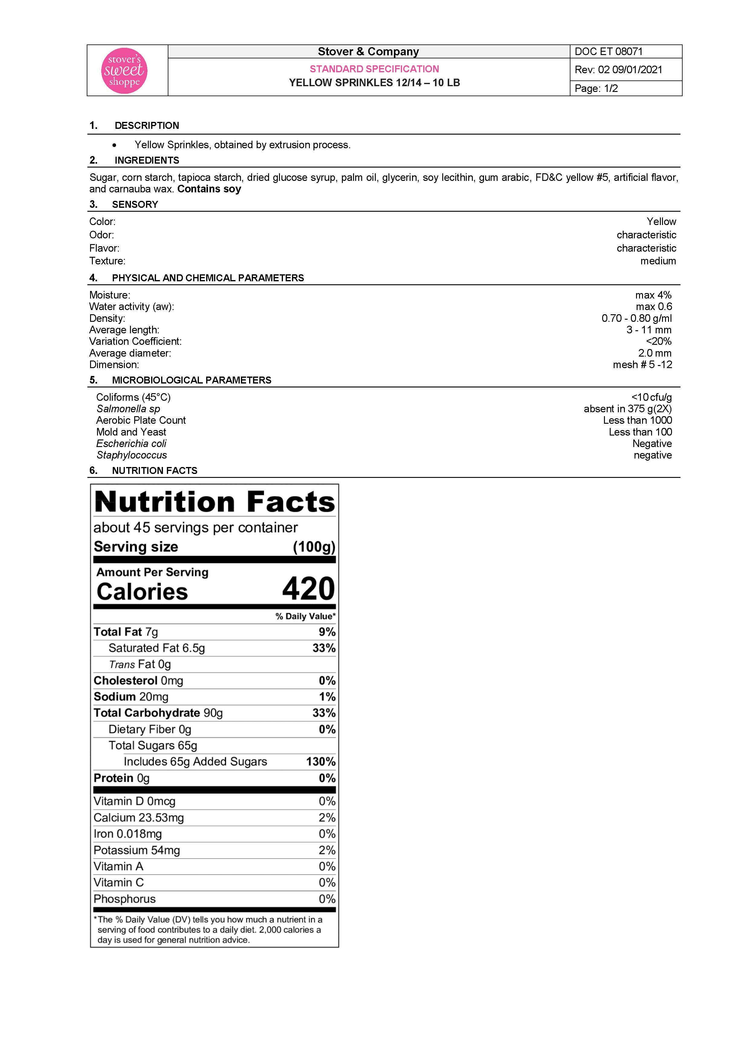 Yellow Sprinkles Nutritional Info Page 1 by Stover's Sweet Shoppe at Stover & Company