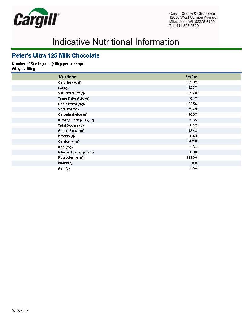 Ultra Milk Chocolate 125 Nutritional Info by Peters Chocolate at Stover & Company