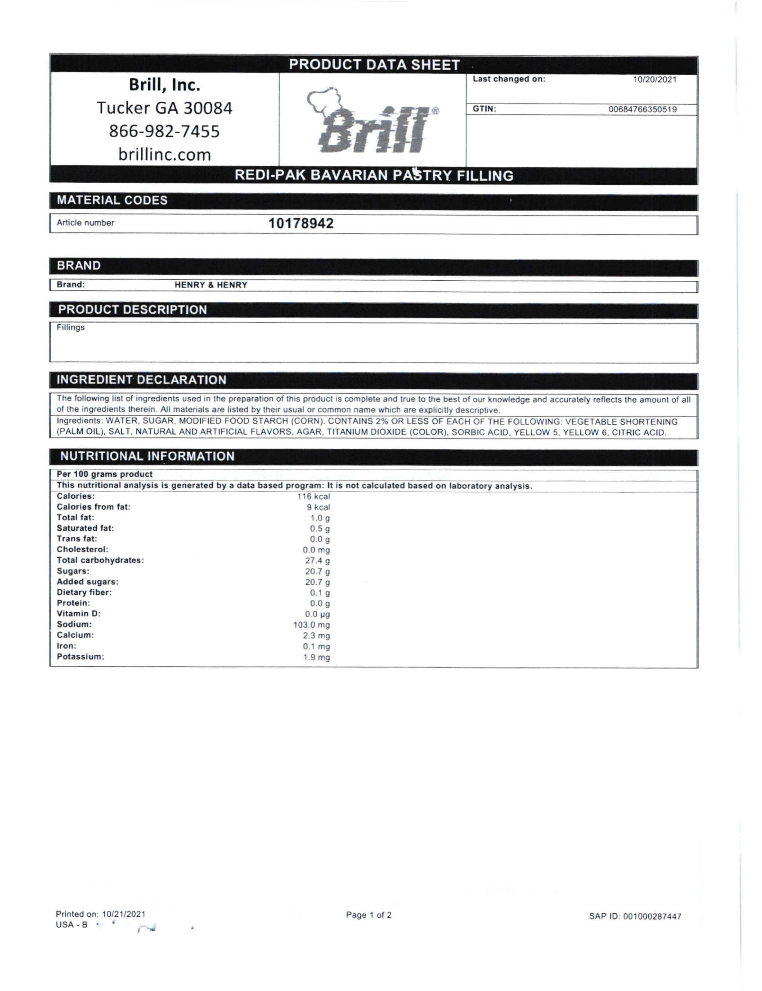 Bavarian Creme Redi-Pak Filling Nutritional Info Page 1 by Henry & Henry at Stover & Company