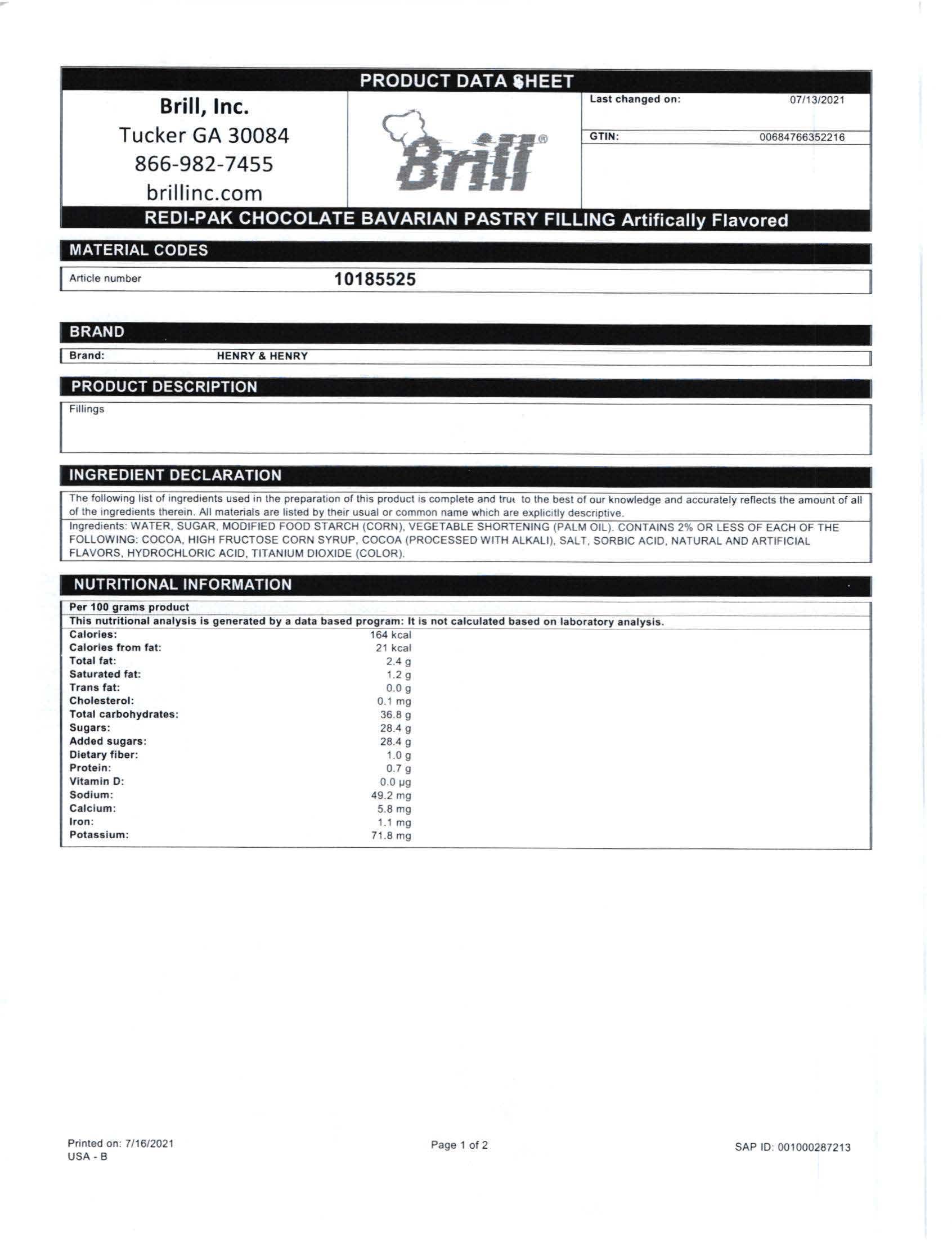 Chocolate Bavarian Creme Redi-Pak Filling Nutritional Info Page 1 by Henry & Henry at Stover & Company