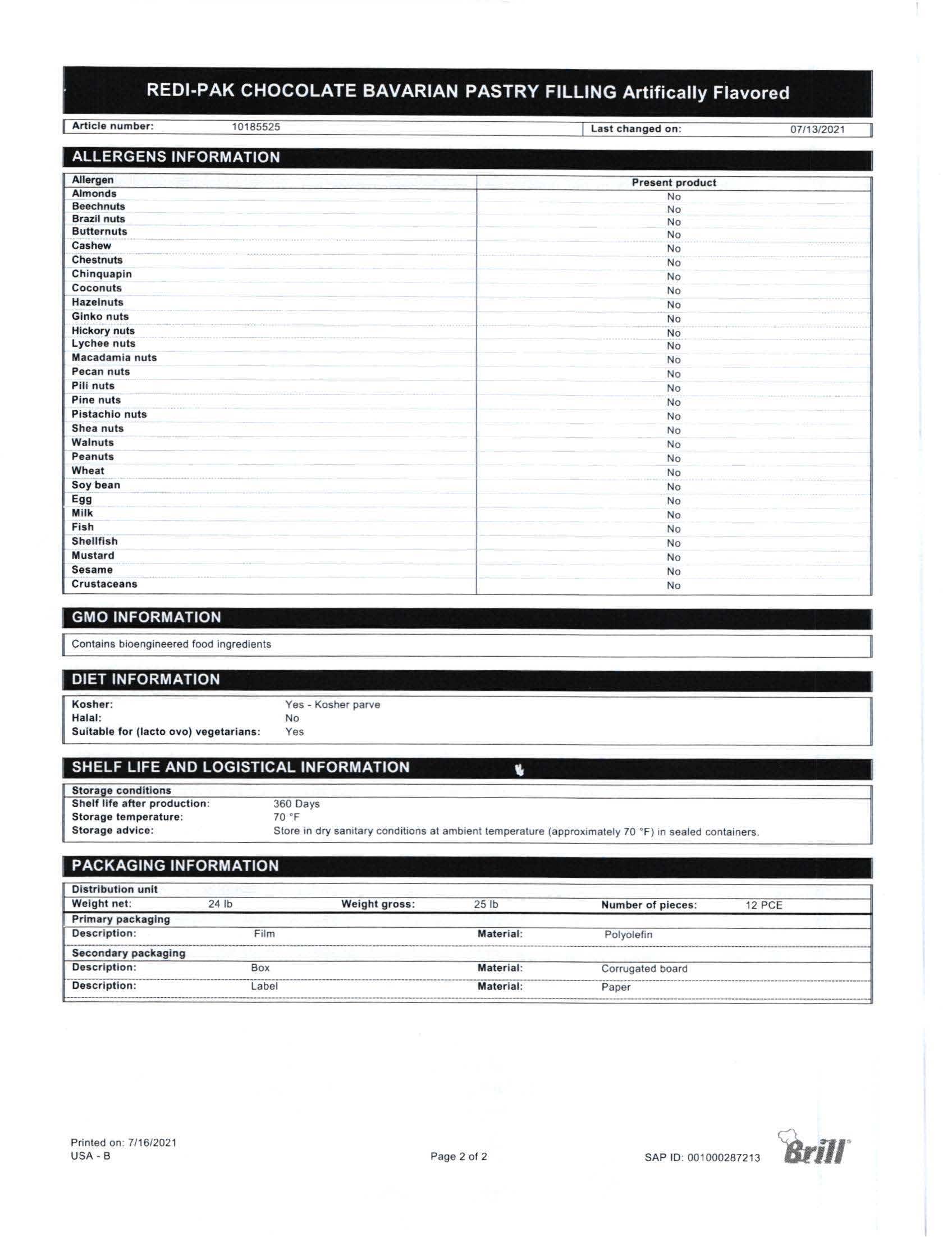 Chocolate Bavarian Creme Redi-Pak Filling Nutritional Info Page 2 by Henry & Henry at Stover & Company