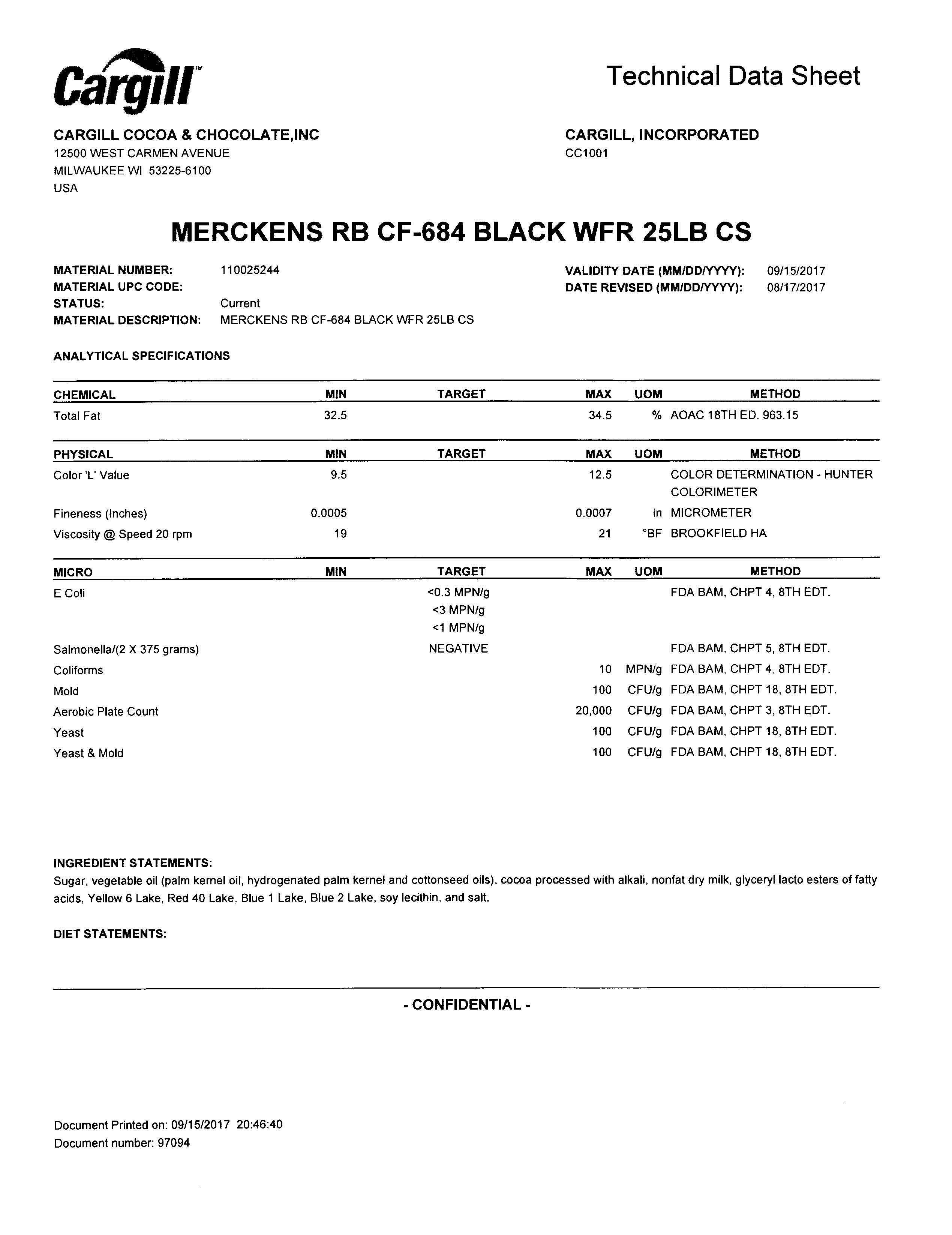 Black Chocolate Wafers Nutritional Info Page 1 by Merckens at Stover & Company