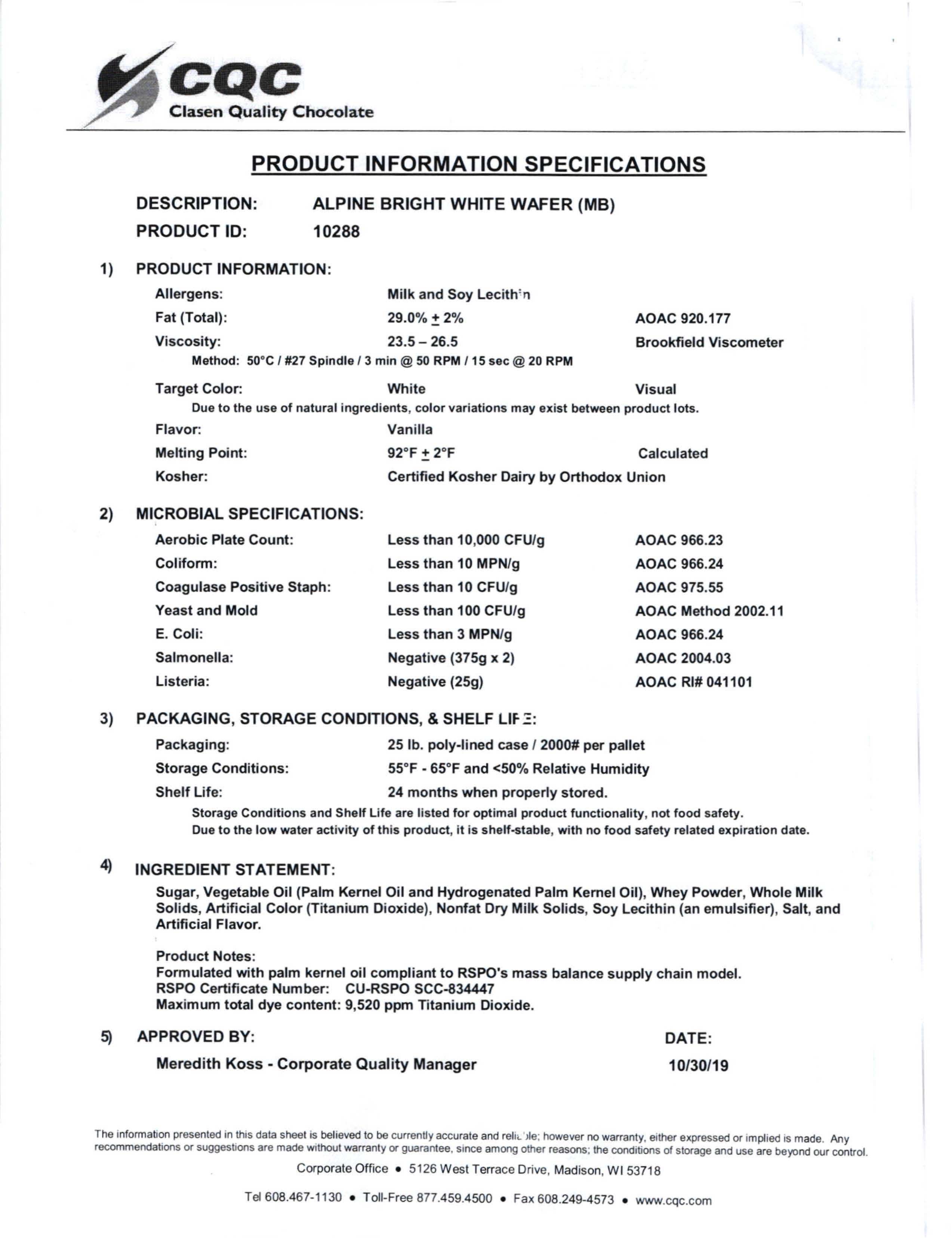 Alpine Bright White Wafers Nutritional Info Page 1 by Clasen at Stover & Company