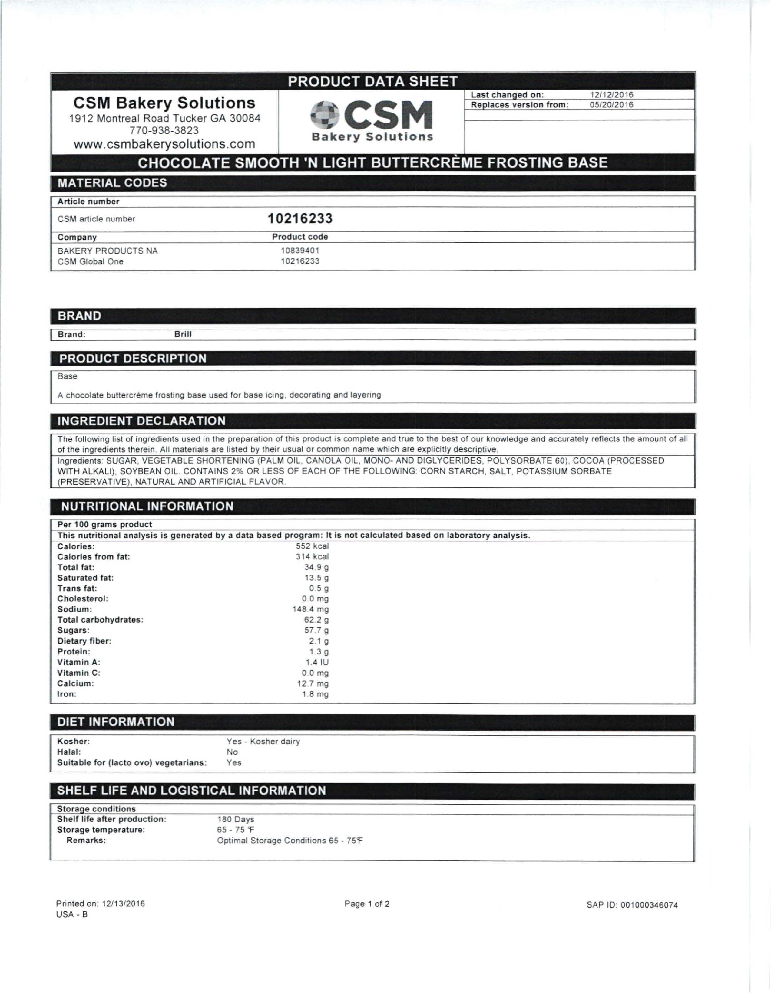 Chocolate Smooth n Light Frosting Base Nutritional Info Page 1 by Brill at Stover & Company