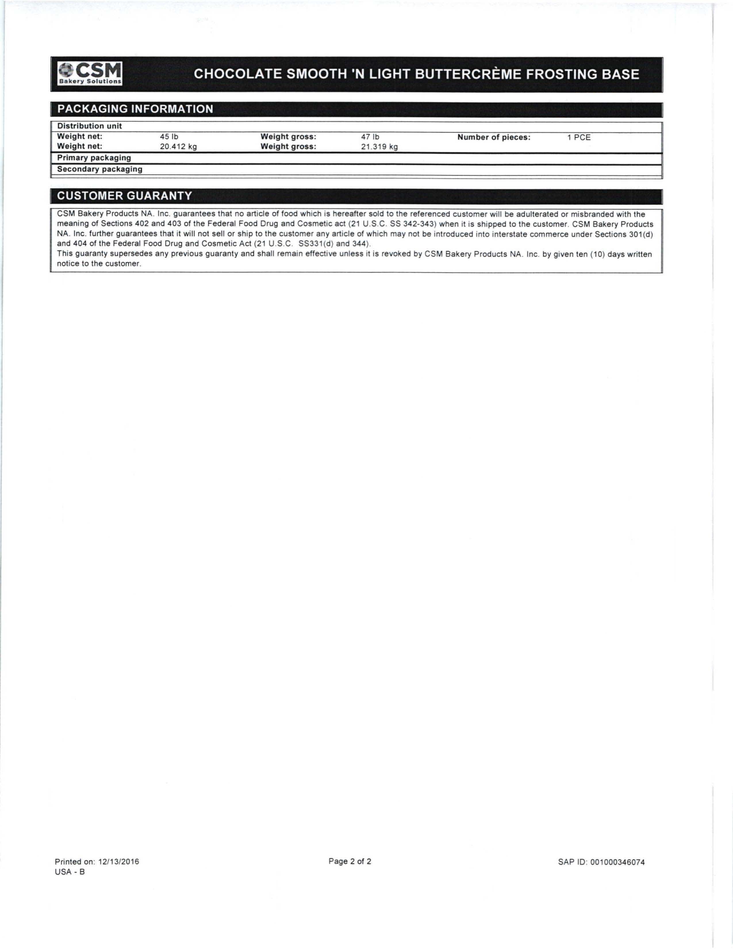 Chocolate Smooth n Light Frosting Base Nutritional Info Page 2 by Brill at Stover & Company