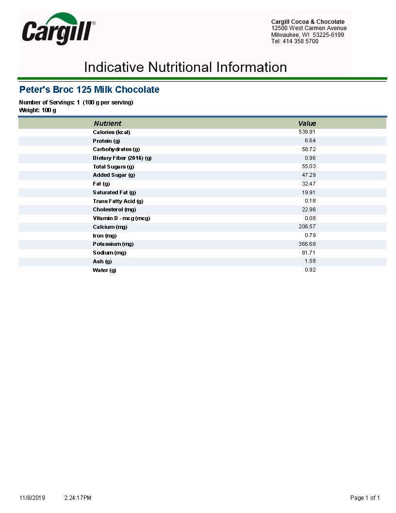 Broc 125 Milk Chocolate Nutritional Info by Peters Chocolate at Stover & Company