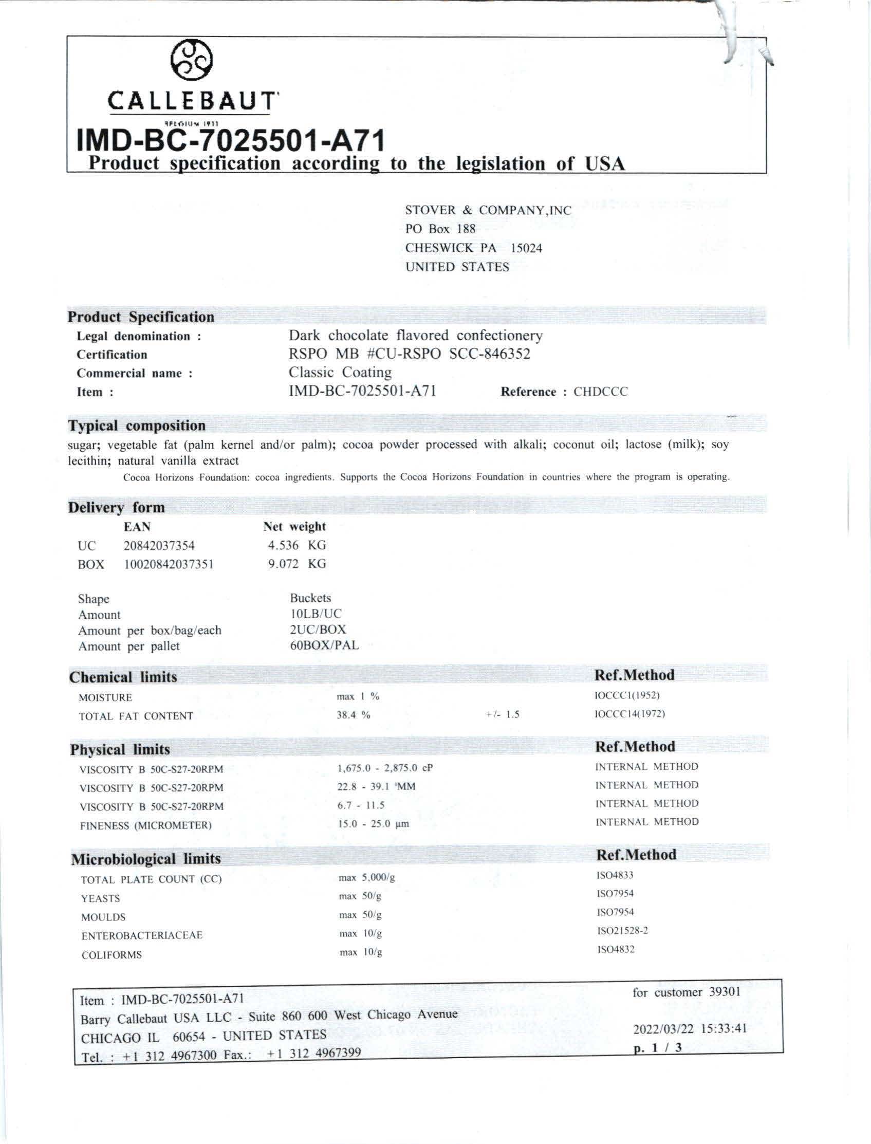 Dark Chocolate Classic Coating Nutritional Info Page 1 by Callebaut at Stover & Company