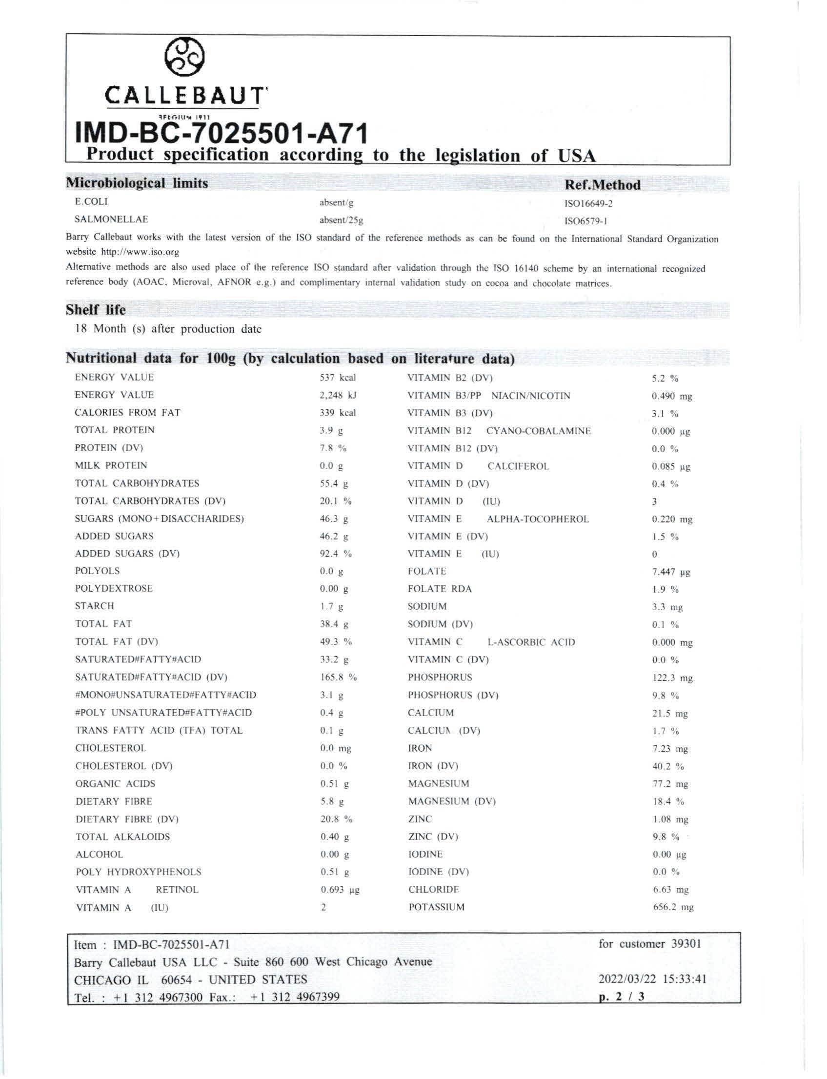 Dark Chocolate Classic Coating Nutritional Info Page 2 by Callebaut at Stover & Company