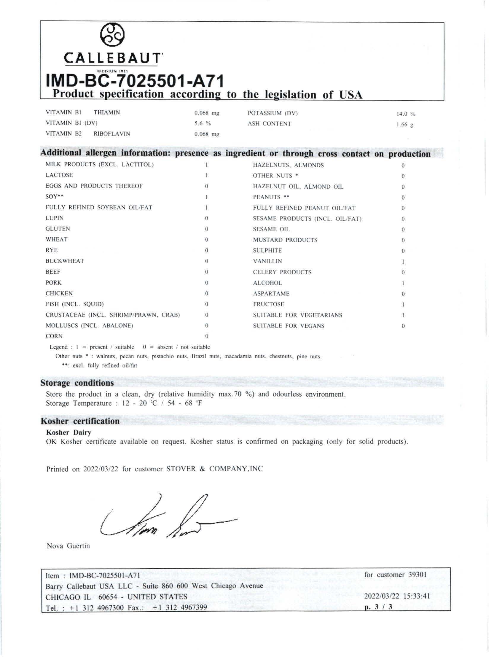 Dark Chocolate Classic Coating Nutritional Info Page 3 by Callebaut at Stover & Company