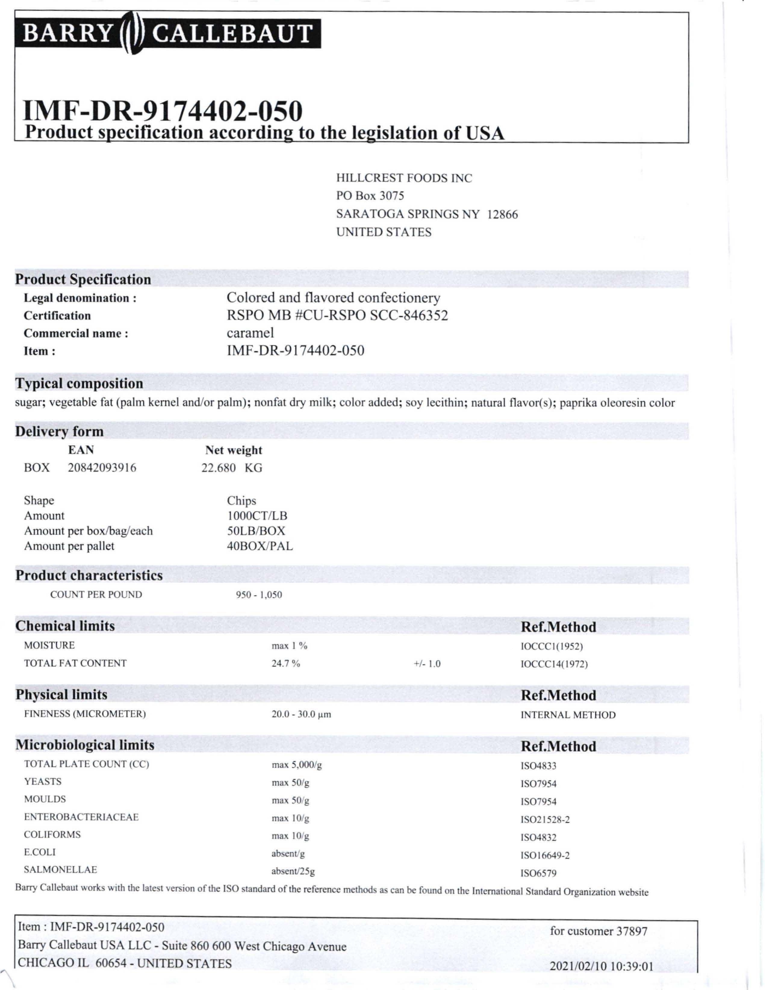 Caramel Flavored Chocolate Chips Nutritional Info Page 1 by Barry Callebaut at Stover & Company