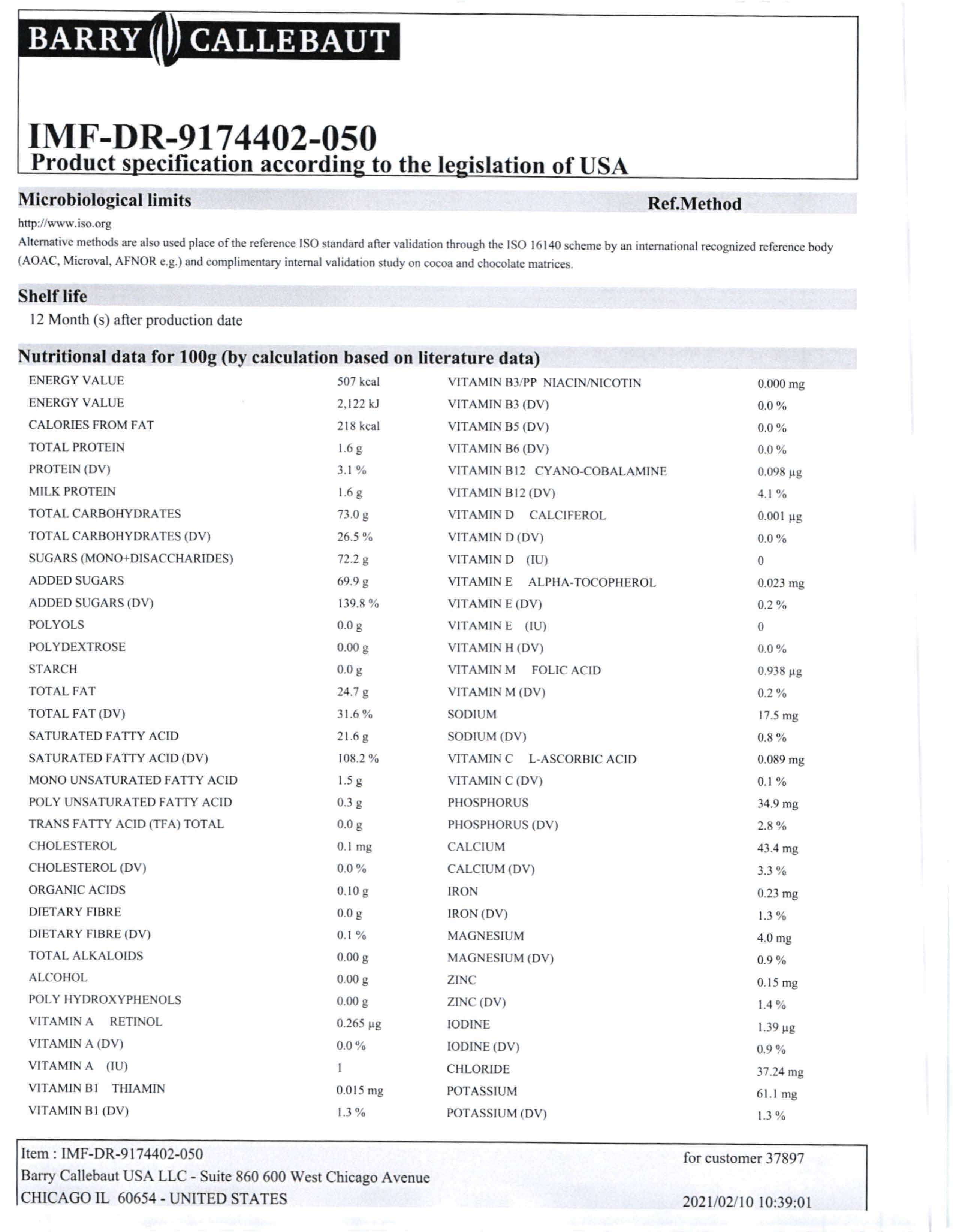 Caramel Flavored Chocolate Chips Nutritional Info Page 2 by Barry Callebaut at Stover & Company