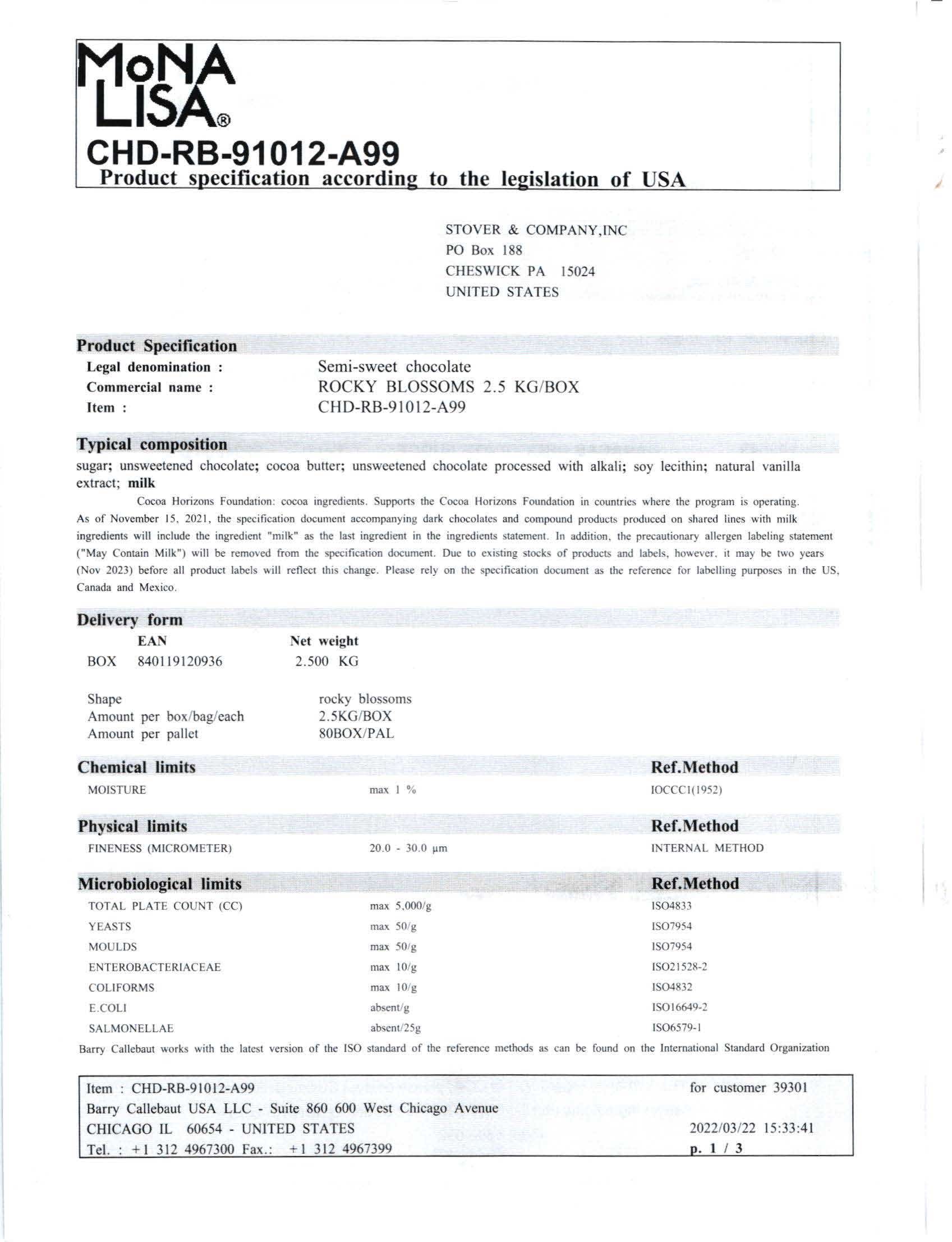 Semi Sweet Chocolate Shavings Nutritional Info Page 1 by Barry Callebaut at Stover & Company