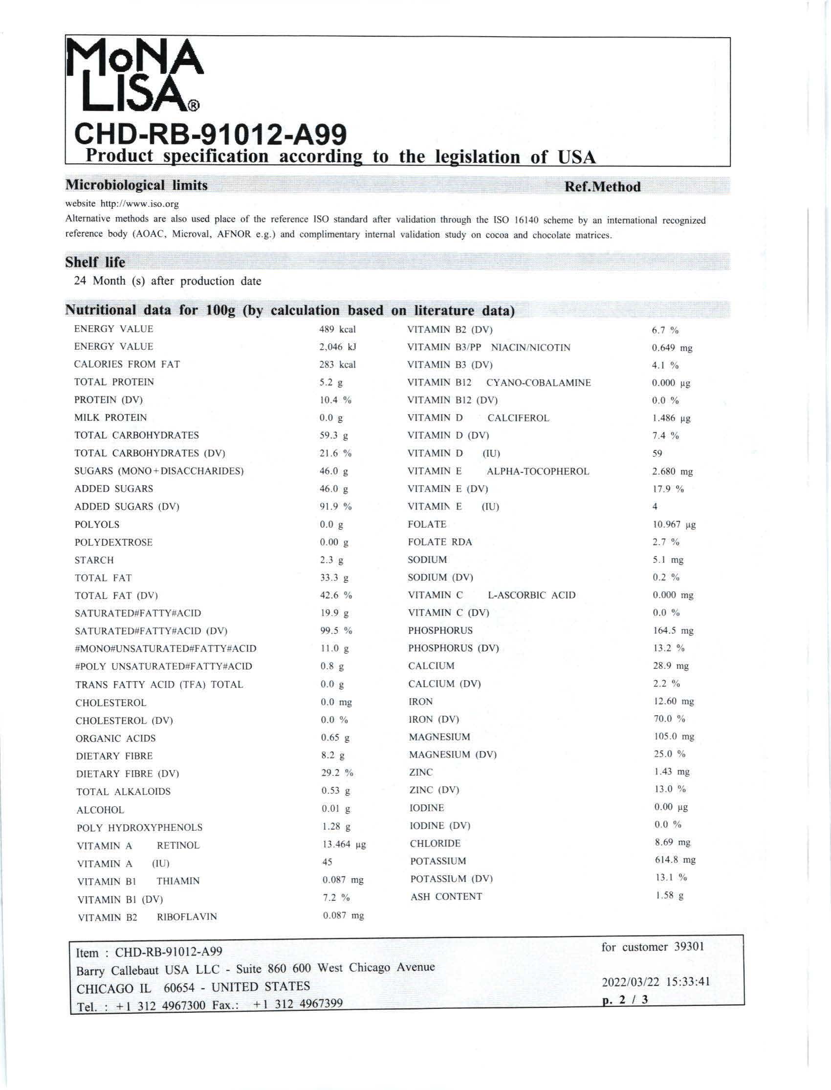 Semi Sweet Chocolate Shavings Nutritional Info Page 2 by Barry Callebaut at Stover & Company