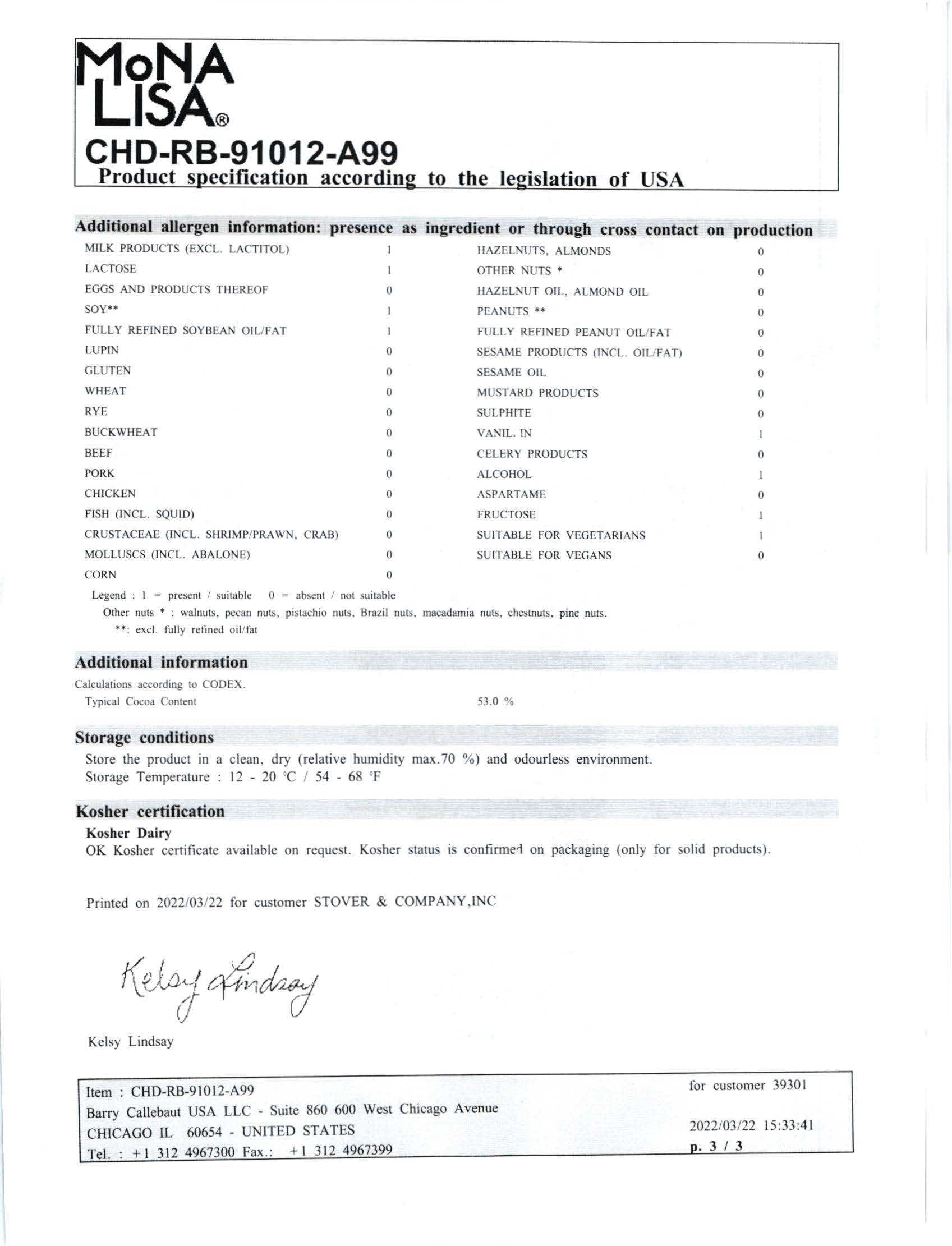 Semi Sweet Chocolate Shavings Nutritional Info Page 3 by Barry Callebaut at Stover & Company