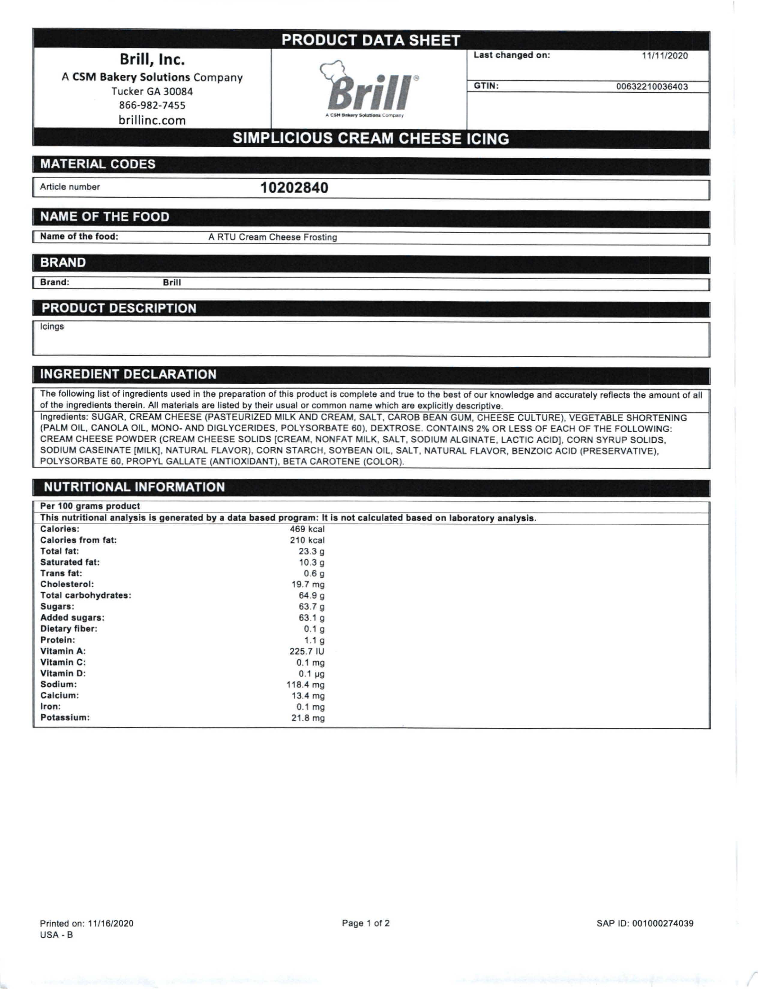 Cream Cheese Buttercreme Frosting Nutritional Info Page 1 by Brill at Stover & Company