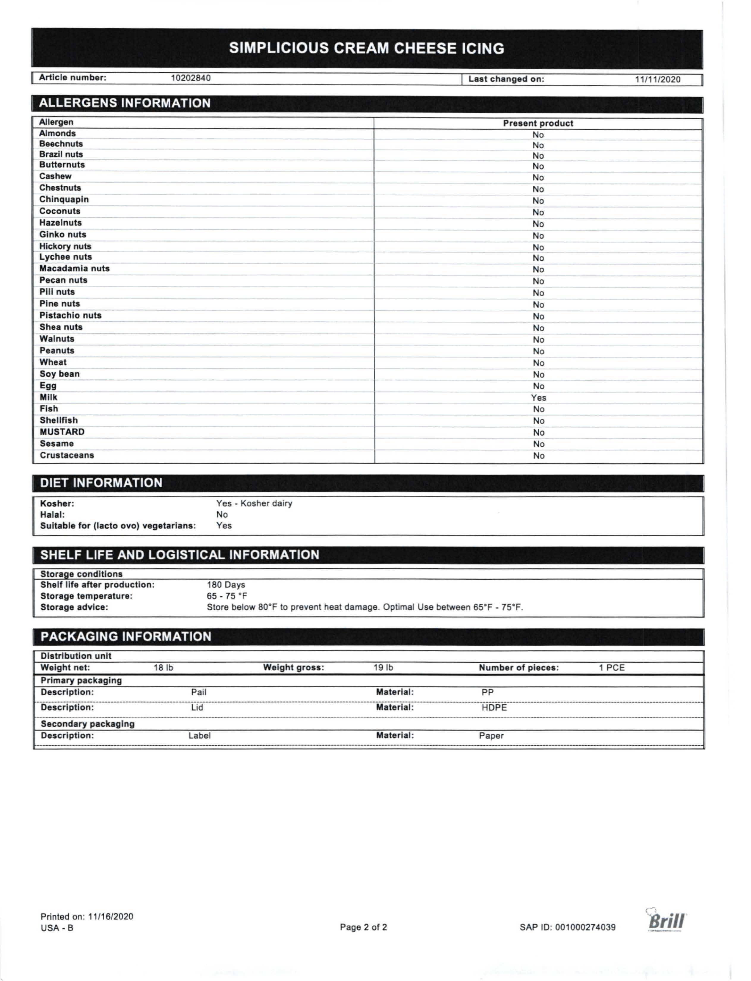 Cream Cheese Buttercreme Frosting Nutritional Info Page 1 by Brill at Stover & Company