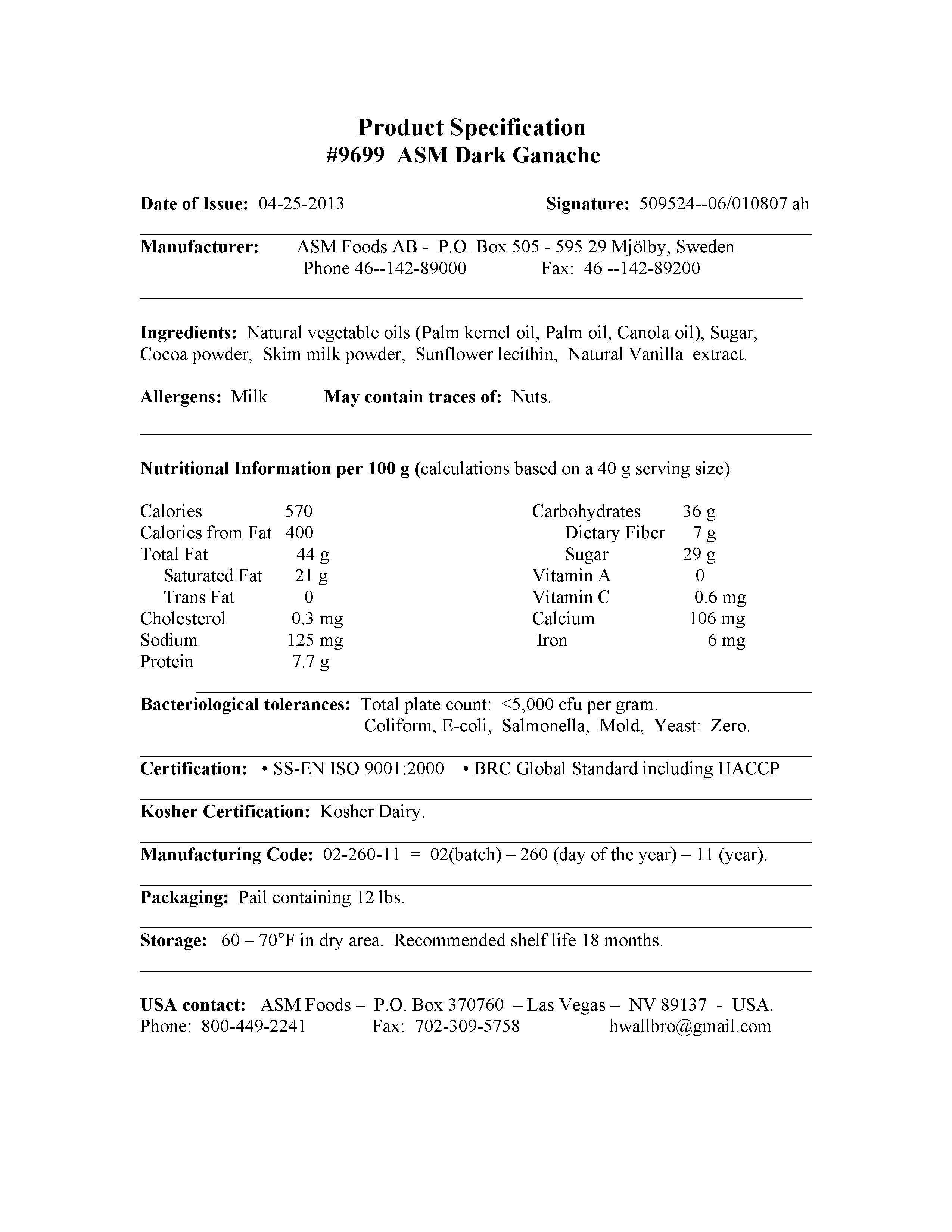 Dark Chocolate Ganache Nutritional Info by ASM, Semper at Stover & Company