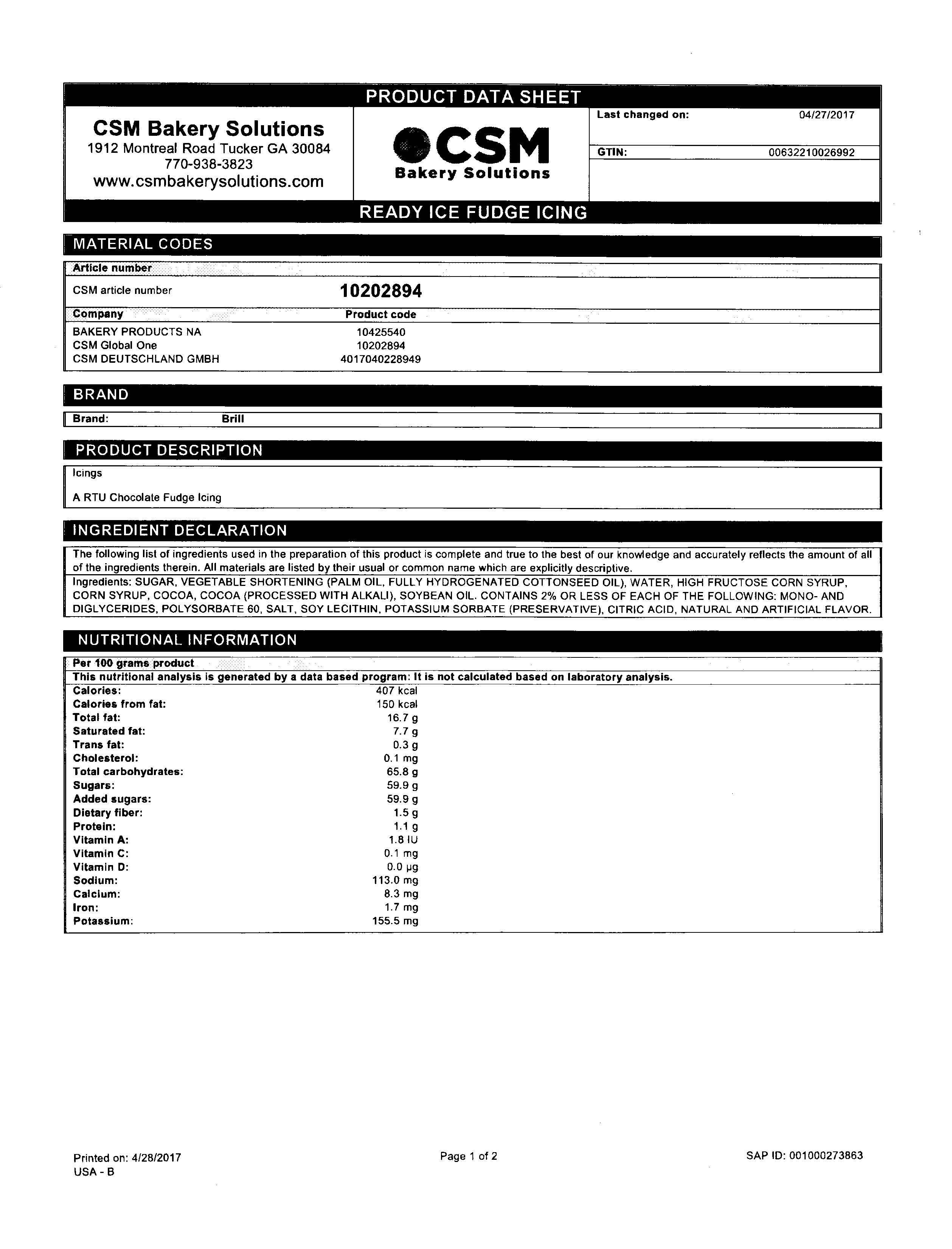 Ready Ice Chocolate Fudge Frosting Nutritional Info Page 1 by Brill at Stover & Company