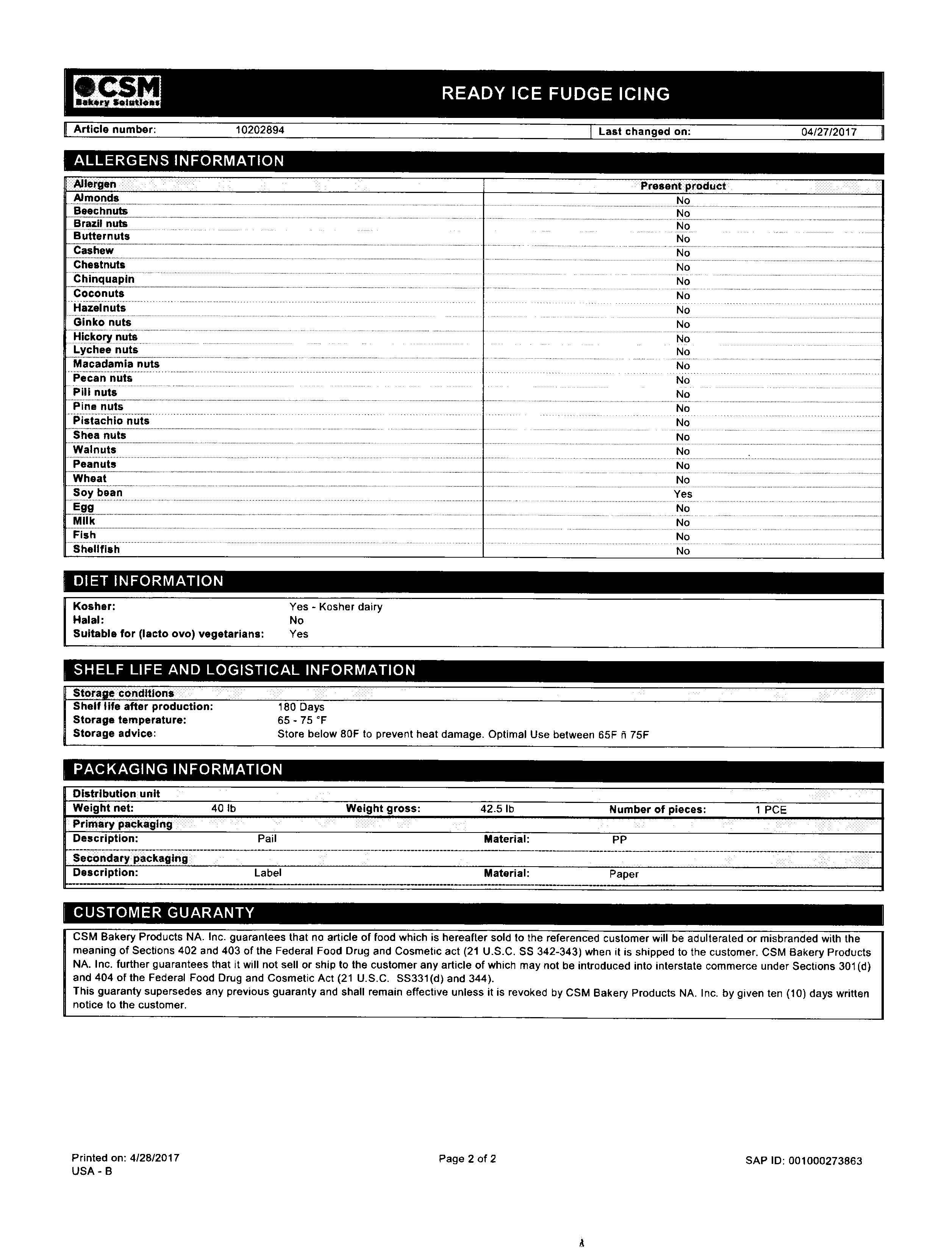 Ready Ice Chocolate Fudge Frosting Nutritional Info Page 2 by Brill at Stover & Company 