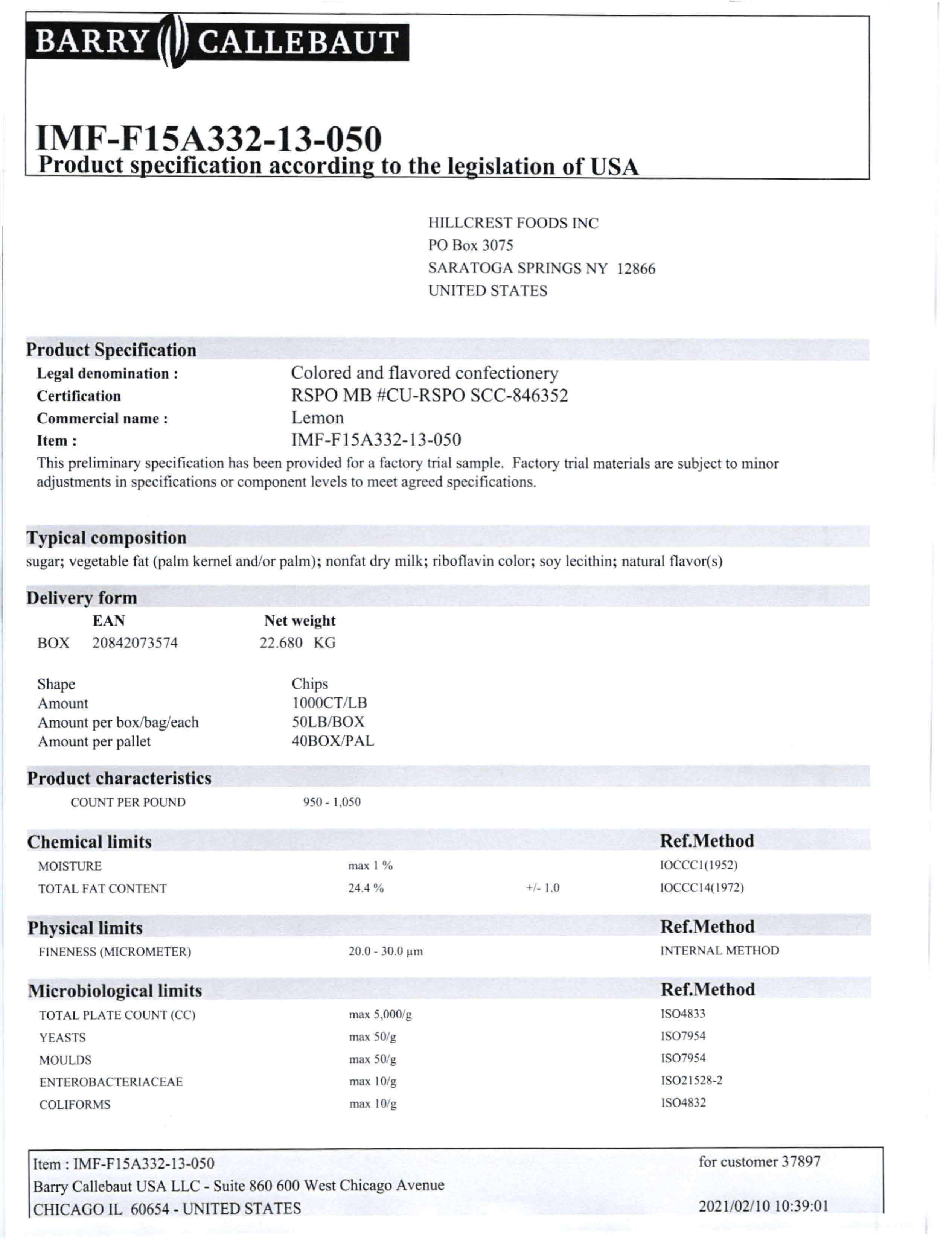 Lemon Flavored Chocolate Chips Nutritional Info Page 1 by Barry Callebaut at Stover & Company