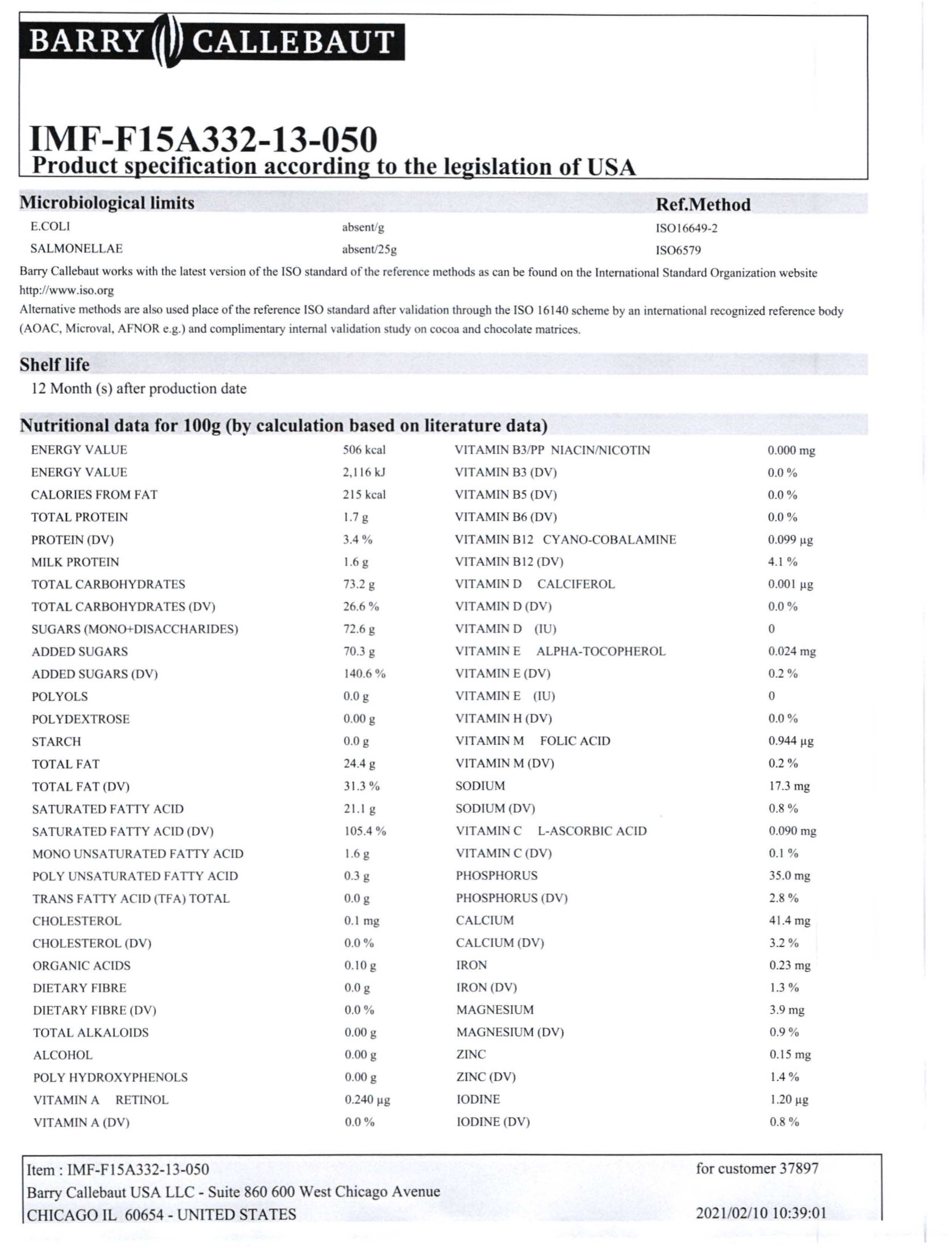 Lemon Flavored Chocolate Chips Nutritional Info Page 2 by Barry Callebaut at Stover & Company