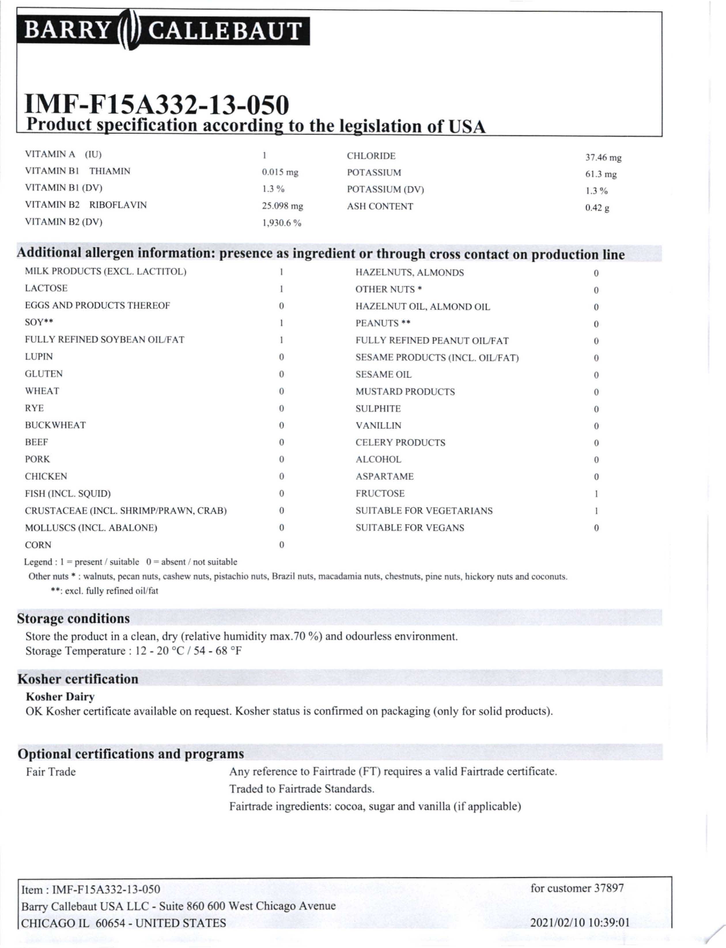 Lemon Flavored Chocolate Chips Nutritional Info Page 3 by Barry Callebaut at Stover & Company