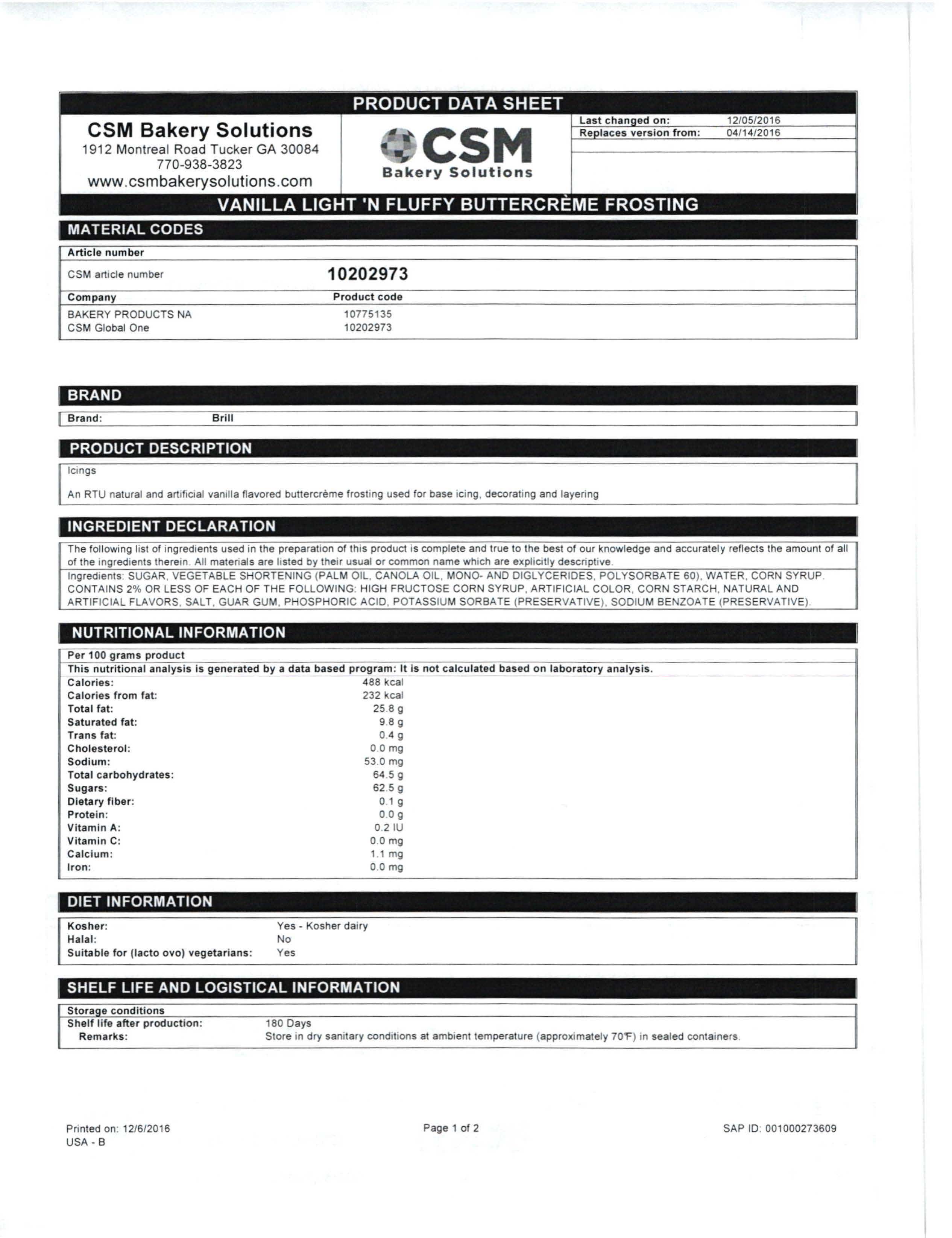 Vanilla RTU Light n Fluffy Buttercreme Frosting Nutritional Info Page 1 by Brill at Stover & Company