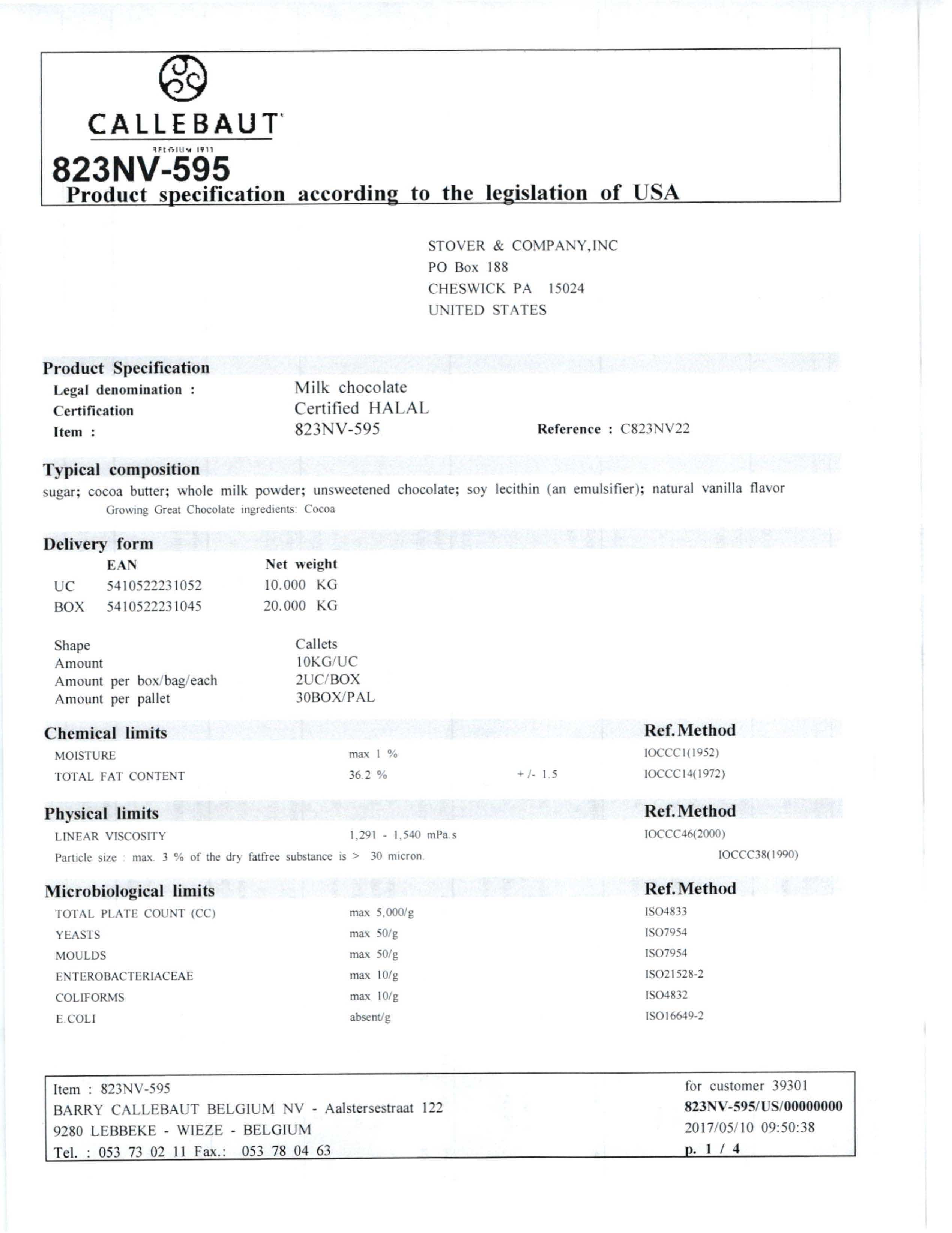 Milk Chocolate Callets 823 Nutritional Info Page 1 by Callebaut at Stover & Company