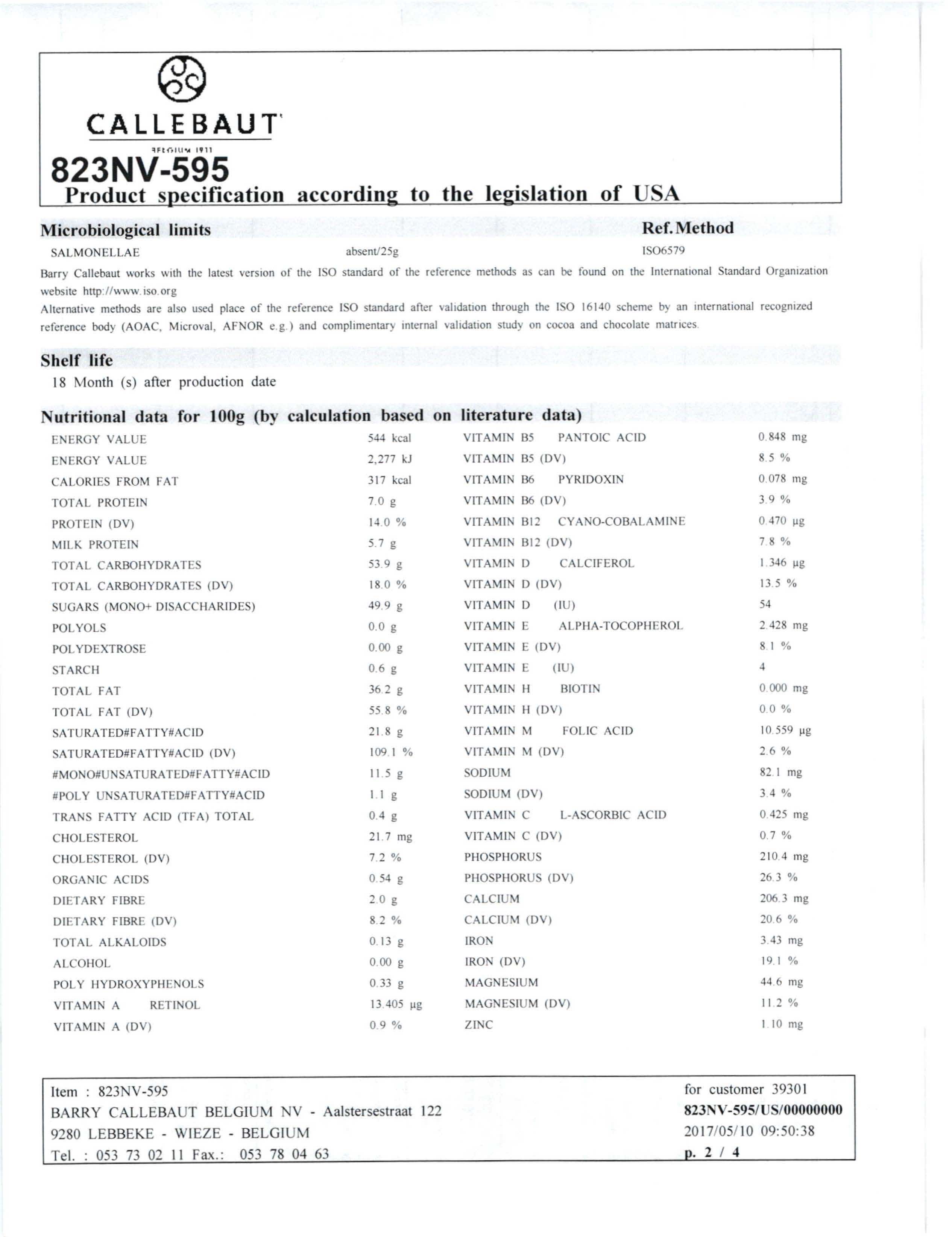 Milk Chocolate Callets 823 Nutritional Info Page 2 by Callebaut at Stover & Company