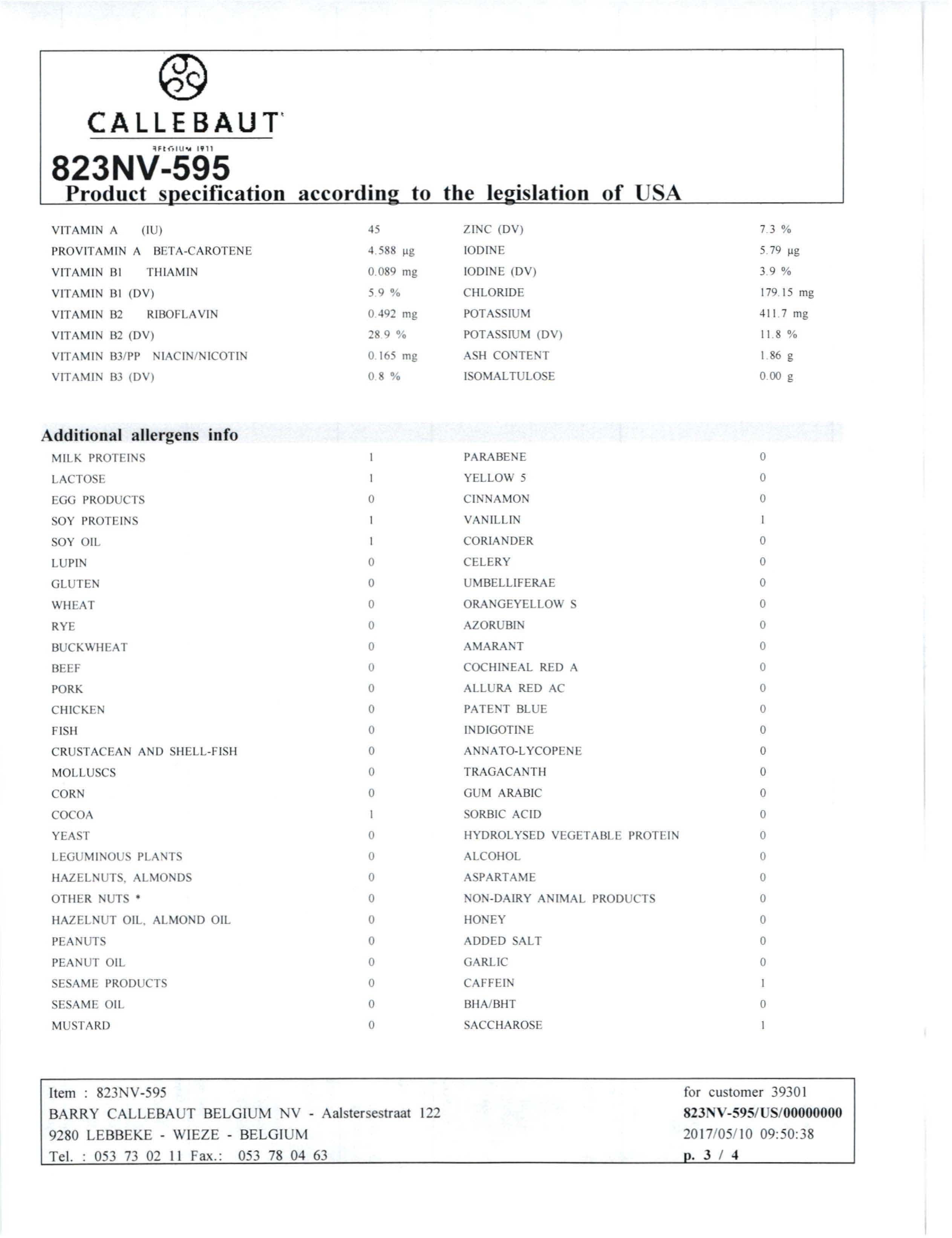 Milk Chocolate Callets 823 Nutritional Info Page 3 by Callebaut at Stover & Company