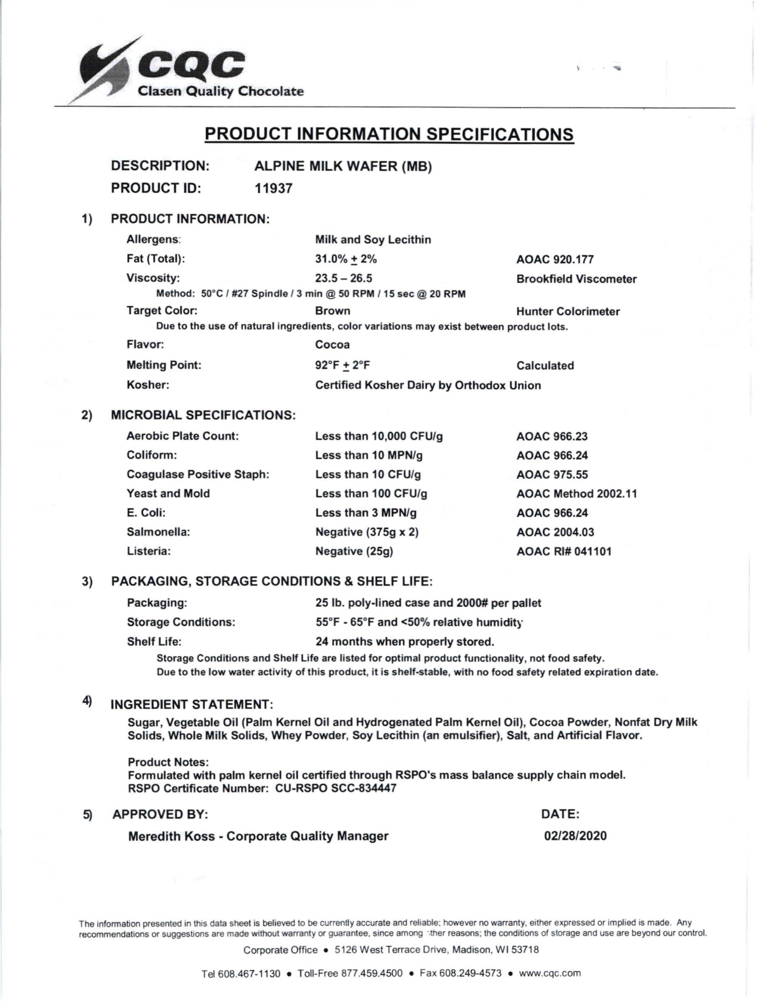 Alpine Milk Chocolate Coating Wafers Nutritional Info Page 1 by Clasen at Stover & Company