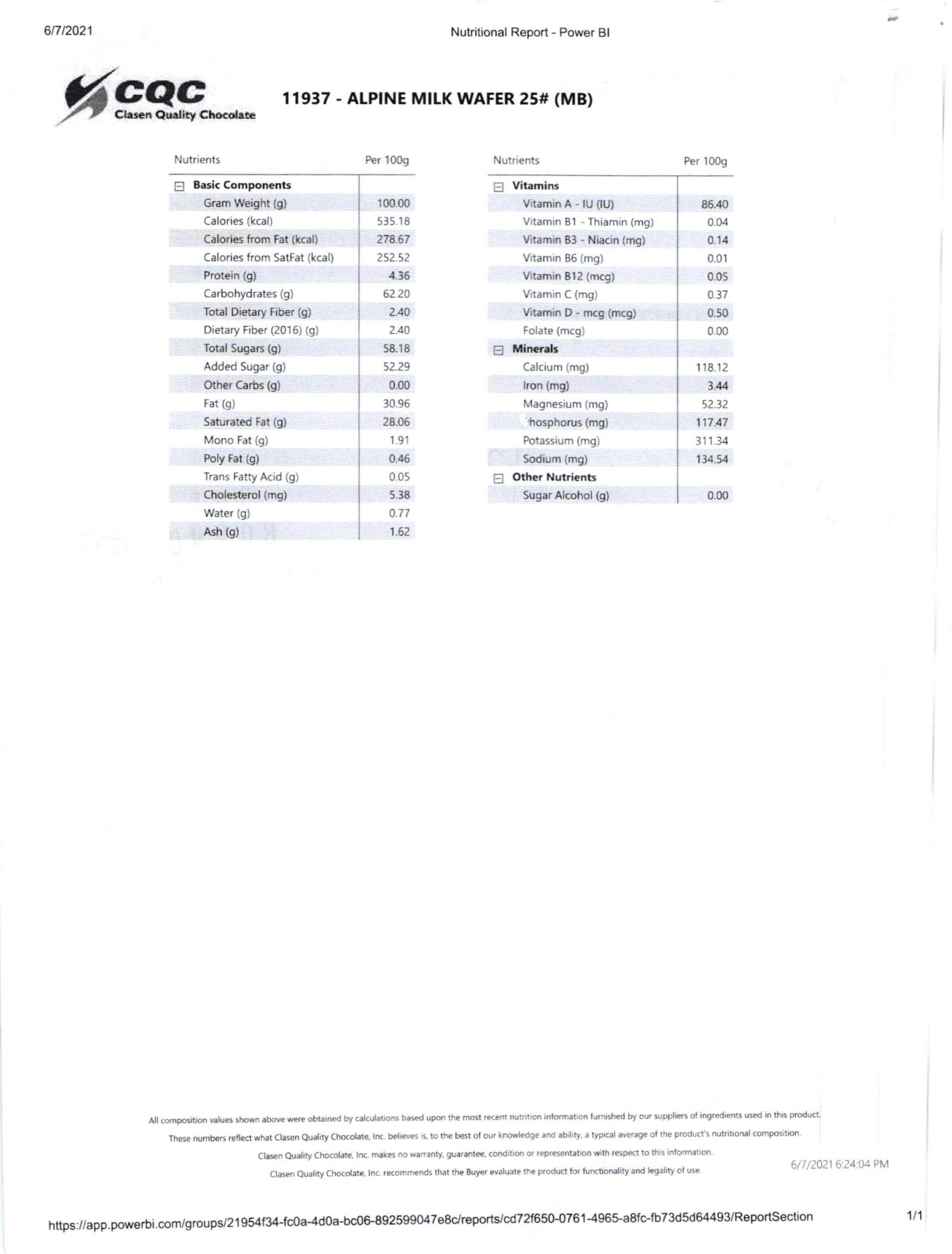 Alpine Milk Chocolate Coating Wafers Nutritional Info Page 2 by Clasen at Stover & Company