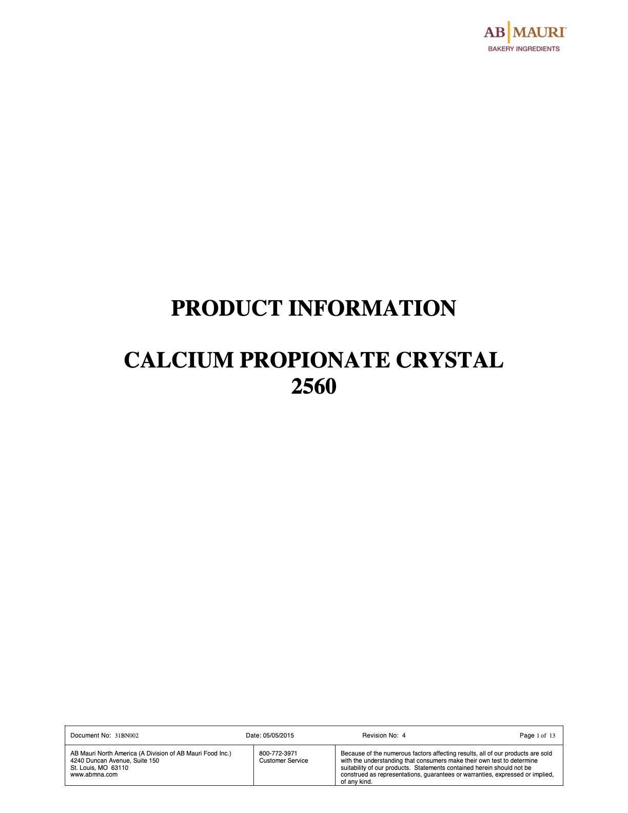 Calcium Propionate Nutritional Info Page 1 by AB Mauri at Stover & Company 