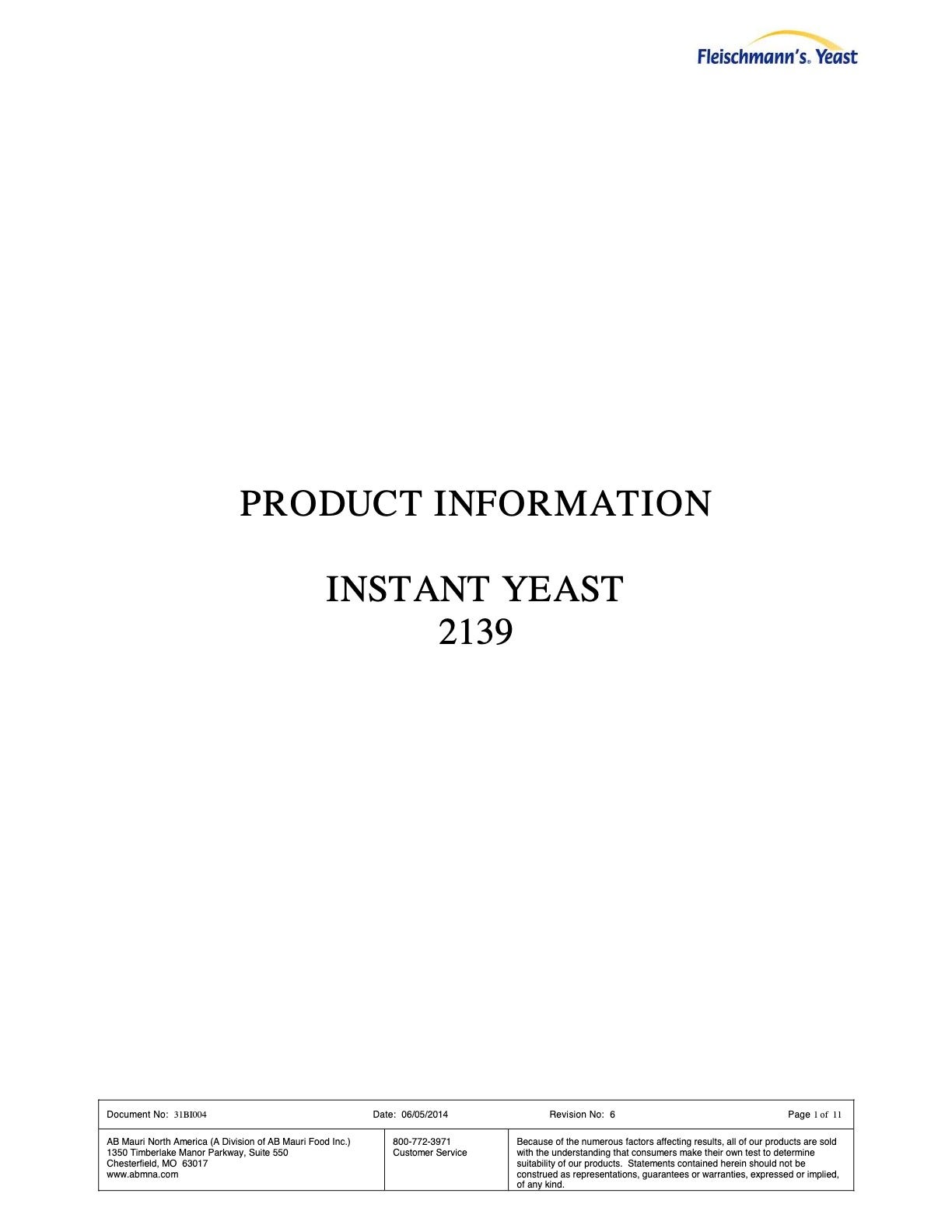 #2139 Instant Yeast Nutritional Info Page 1 by Fleischmann's at Stover & Company 