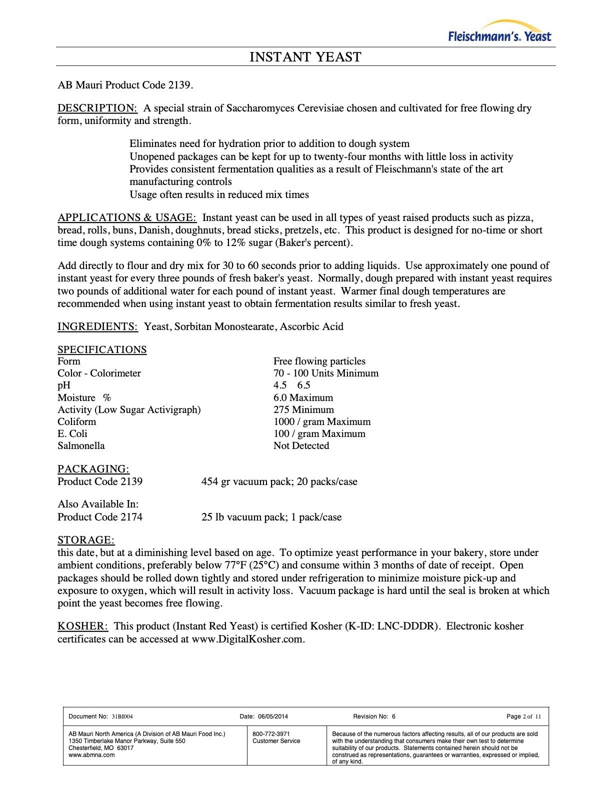 #2139 Instant Yeast Nutritional Info Page 2 by Fleischmann's at Stover & Company