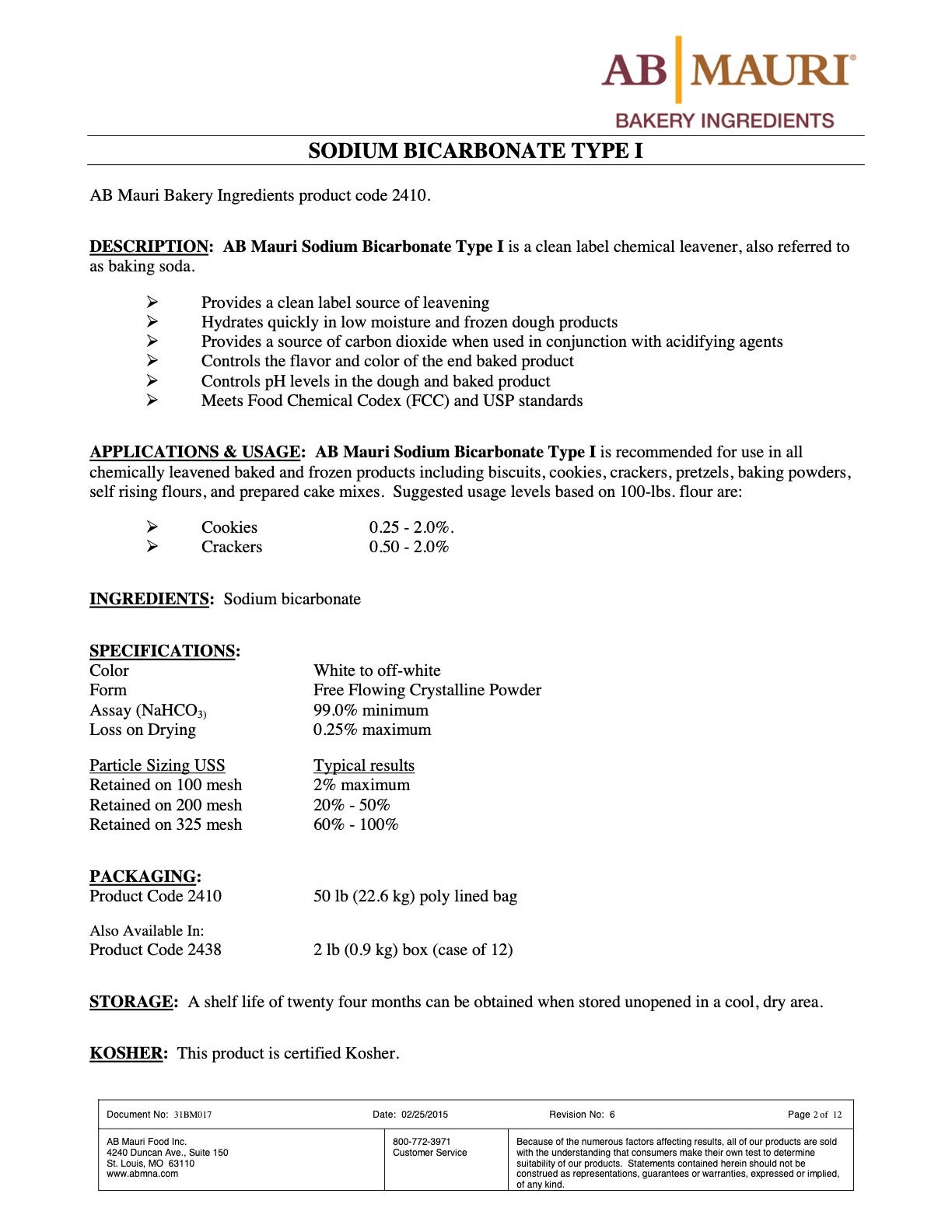 Sodium Bicarbonate Nutritional Info Page 2 by AB Mauri at Stover & Company 