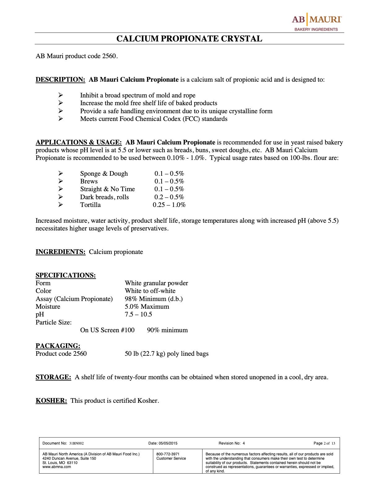 Calcium Propionate Nutritional Info Page 2 by AB Mauri at Stover & Company 